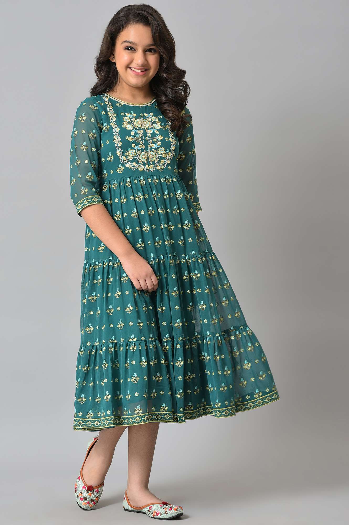 Girls Green Zari Embroidered Festive Dress - Image 6