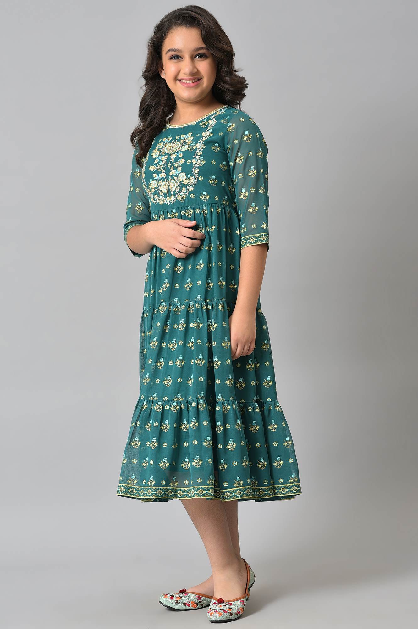 Girls Green Zari Embroidered Festive Dress - Image 3