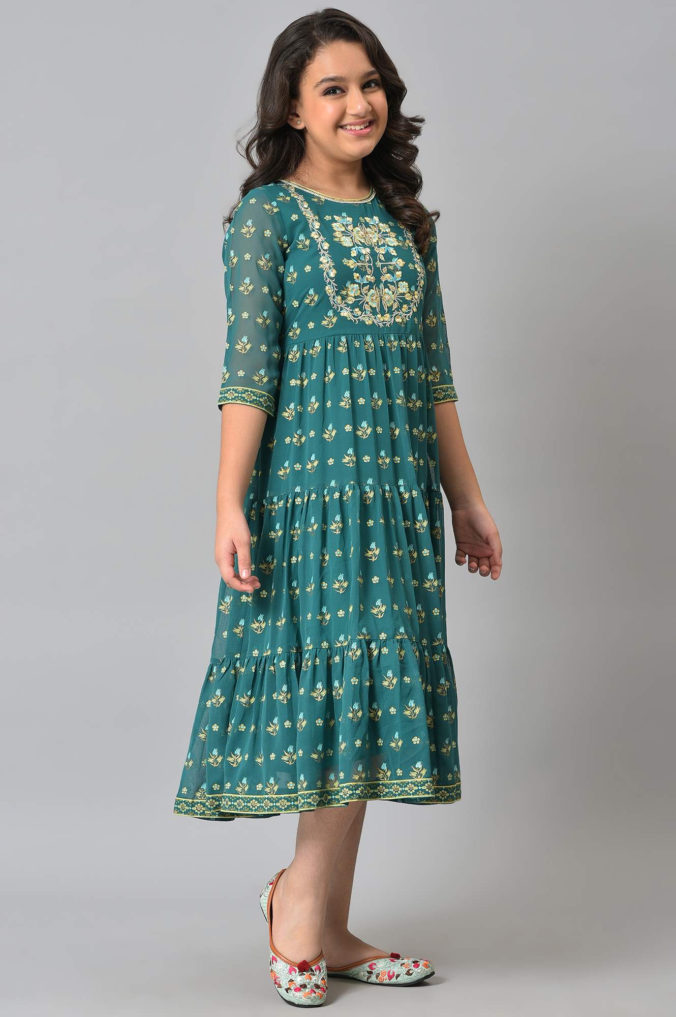 Girls Green Zari Embroidered Festive Dress - Image 4