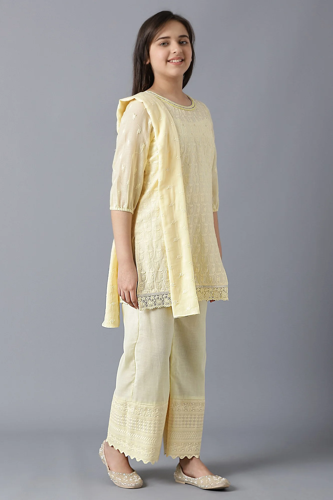 Girls Light Yellow Cotton Schiffli Straight kurta With Palazzo - Image 4