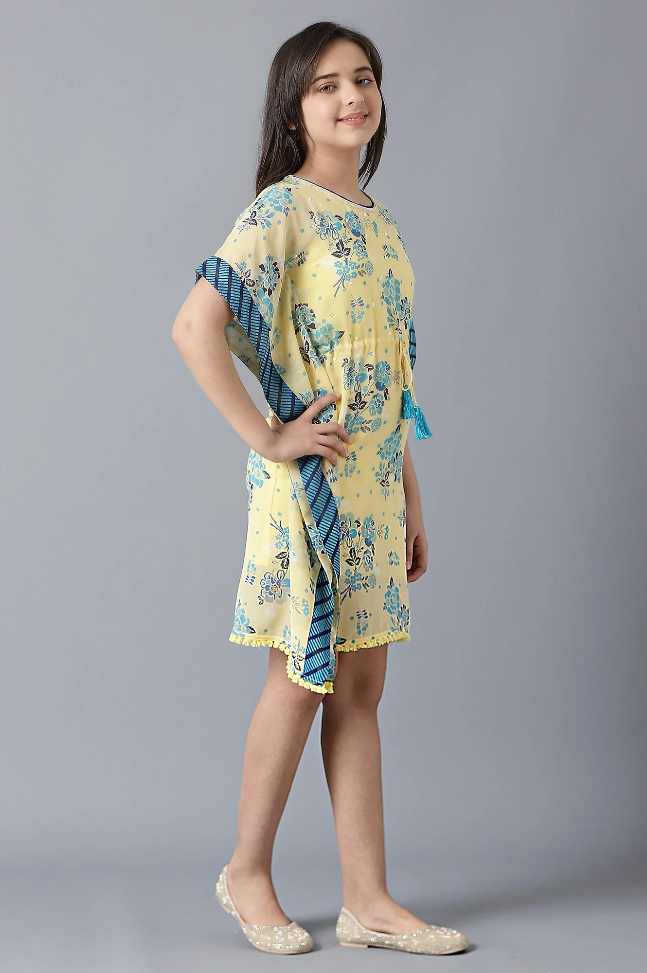 Girls Light Yellow Georgette Kaftan With Inner - Image 4