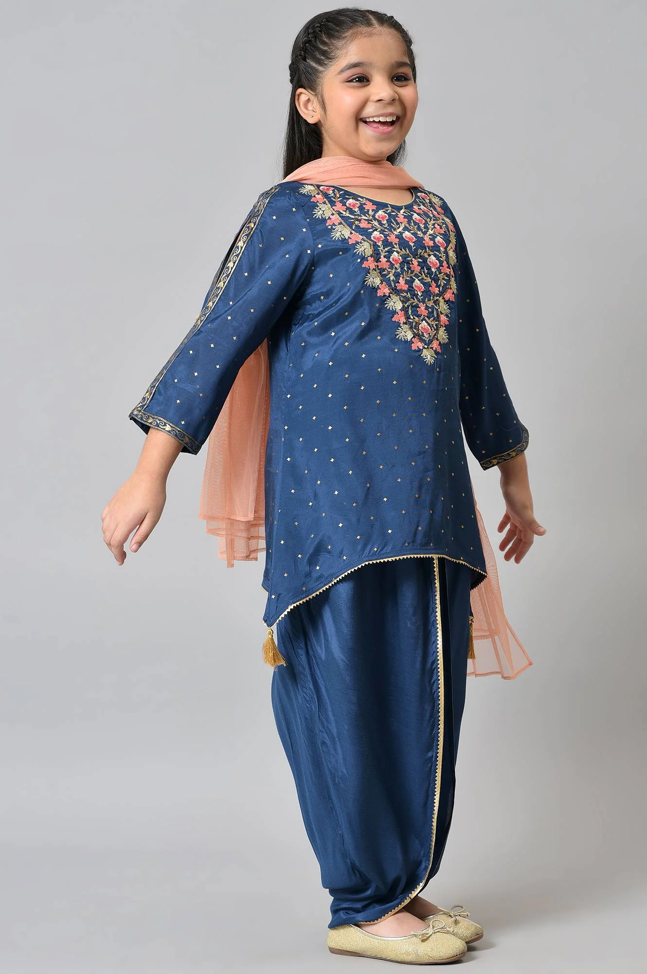 Girls Liva Blue Embroidered kurta With Dhoti Pants And Peach Dupatta - Image 4