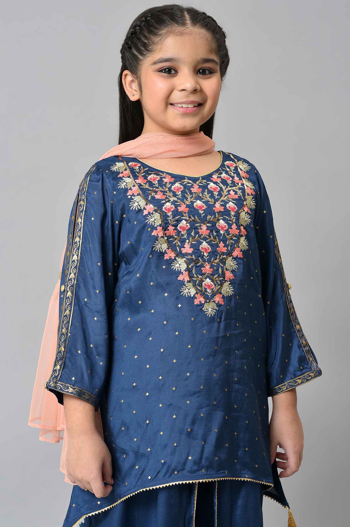 Girls Liva Blue Embroidered kurta With Dhoti Pants And Peach Dupatta - Image 5