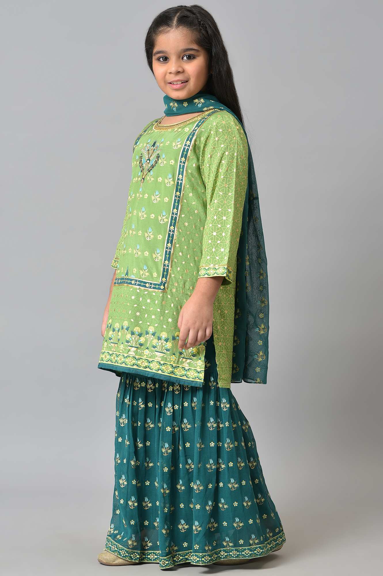 Girls LIVA Green Foil Print kurta with Sharara and Dupatta - Image 3