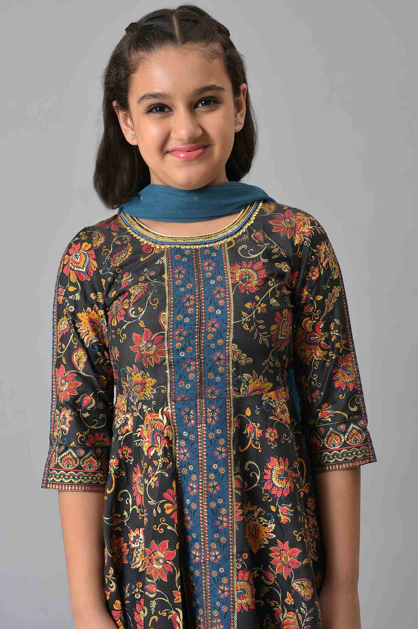 Girls LIVA Grey High-Low kurta with Blue Tights and Dupatta Set - Image 5