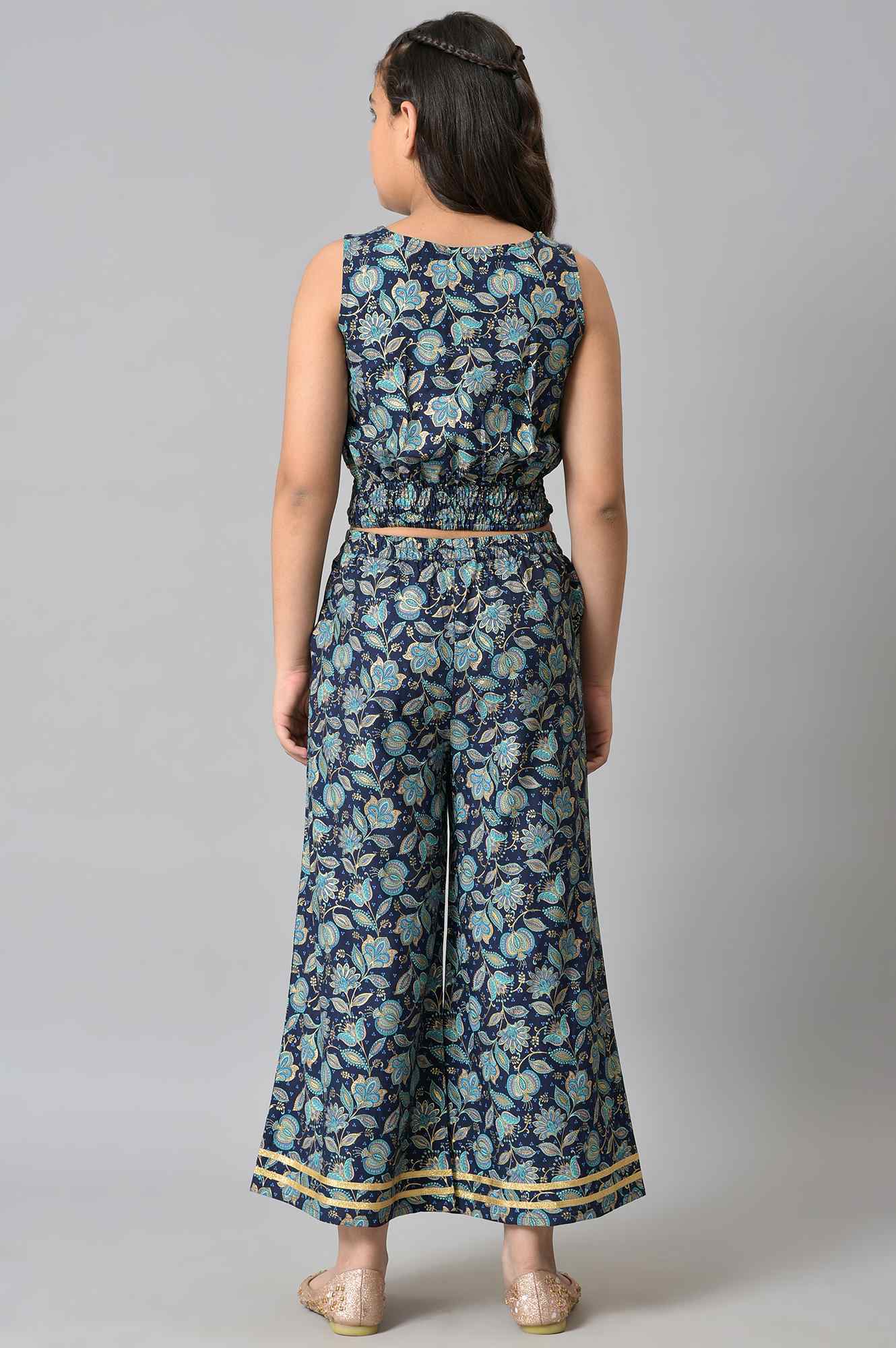 Girls Liva Mint Green Gillet With Dark Blue Floral Printed Top And Palazzo - Image 10