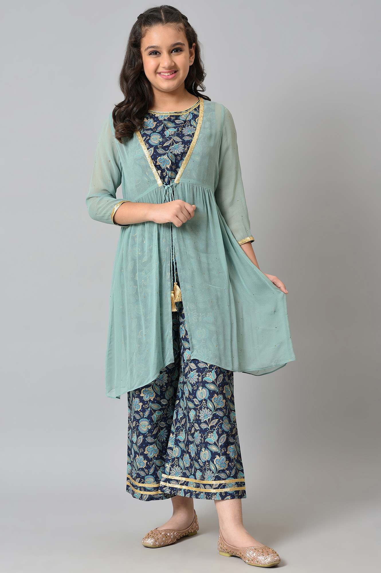 Girls Liva Mint Green Gillet With Dark Blue Floral Printed Top And Palazzo - Image 11