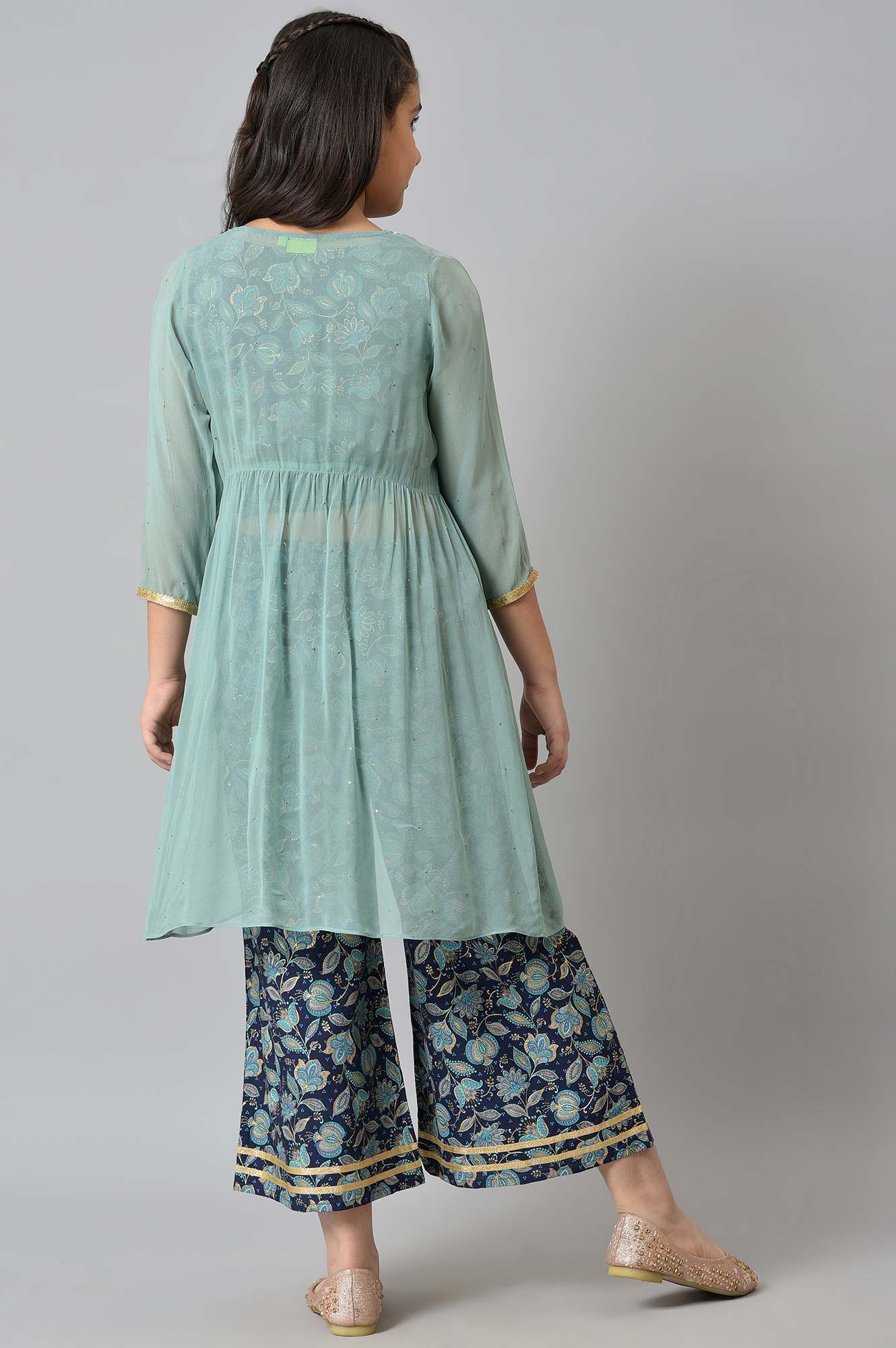 Girls Liva Mint Green Gillet With Dark Blue Floral Printed Top And Palazzo - Image 2