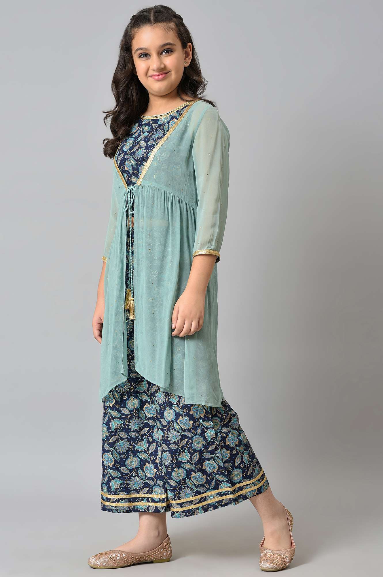 Girls Liva Mint Green Gillet With Dark Blue Floral Printed Top And Palazzo - Image 3