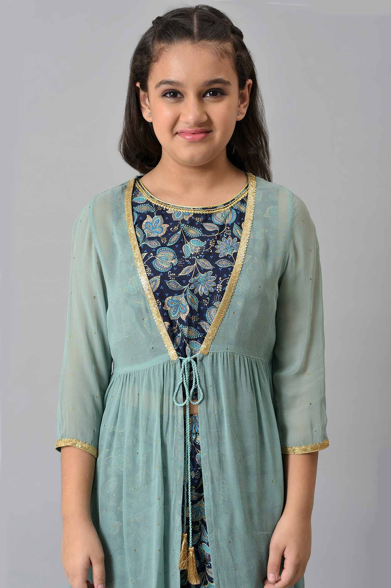 Girls Liva Mint Green Gillet With Dark Blue Floral Printed Top And Palazzo - Image 5