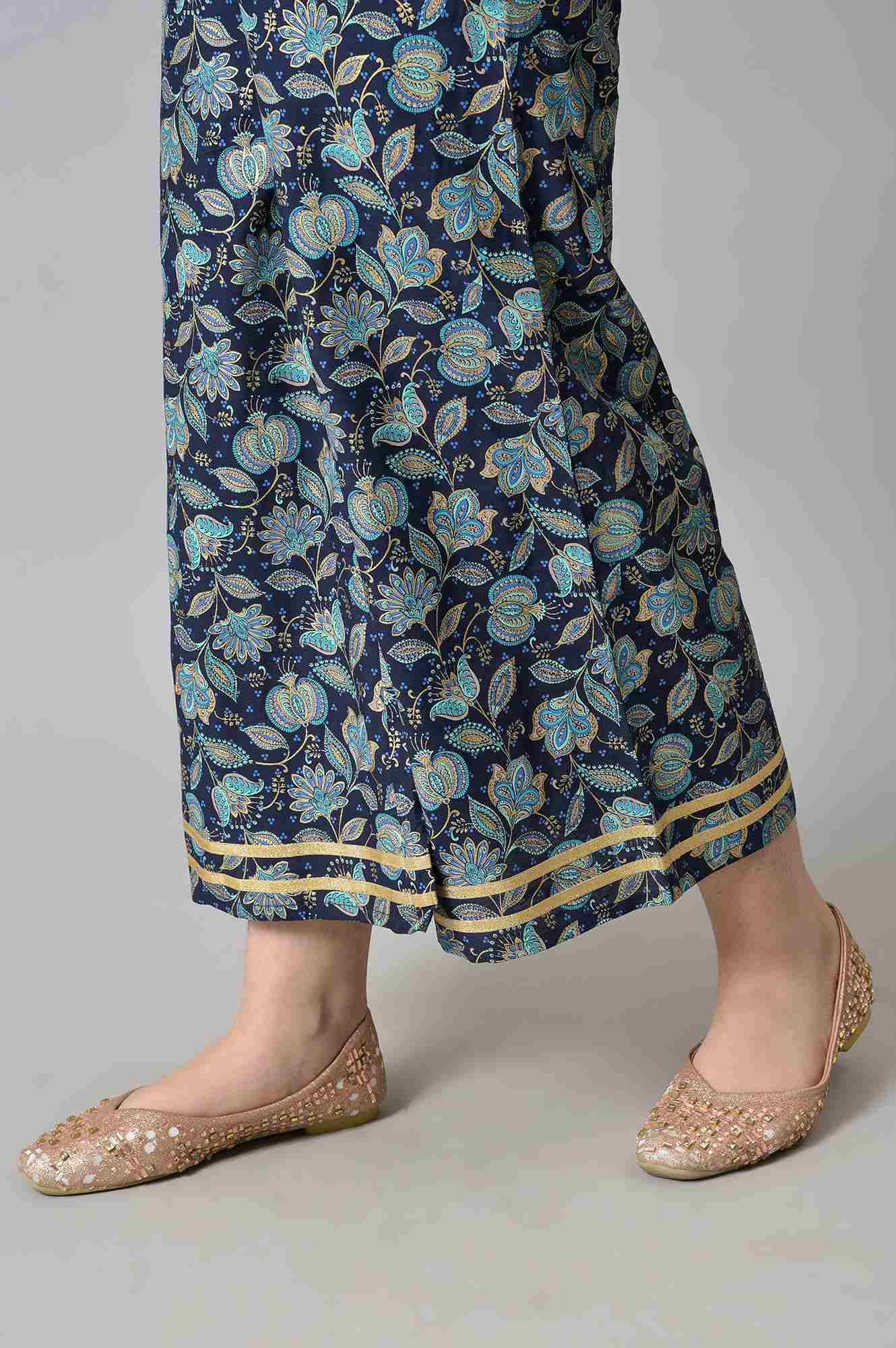 Girls Liva Mint Green Gillet With Dark Blue Floral Printed Top And Palazzo - Image 8