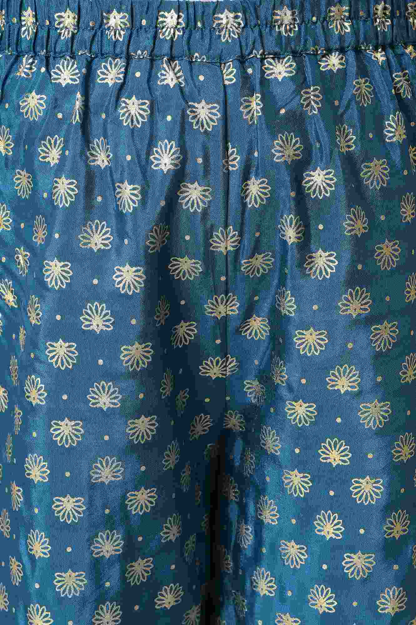 Girls LIVA Peach Floral Foil Print with Blue Straight Palazzo Set - Image 6