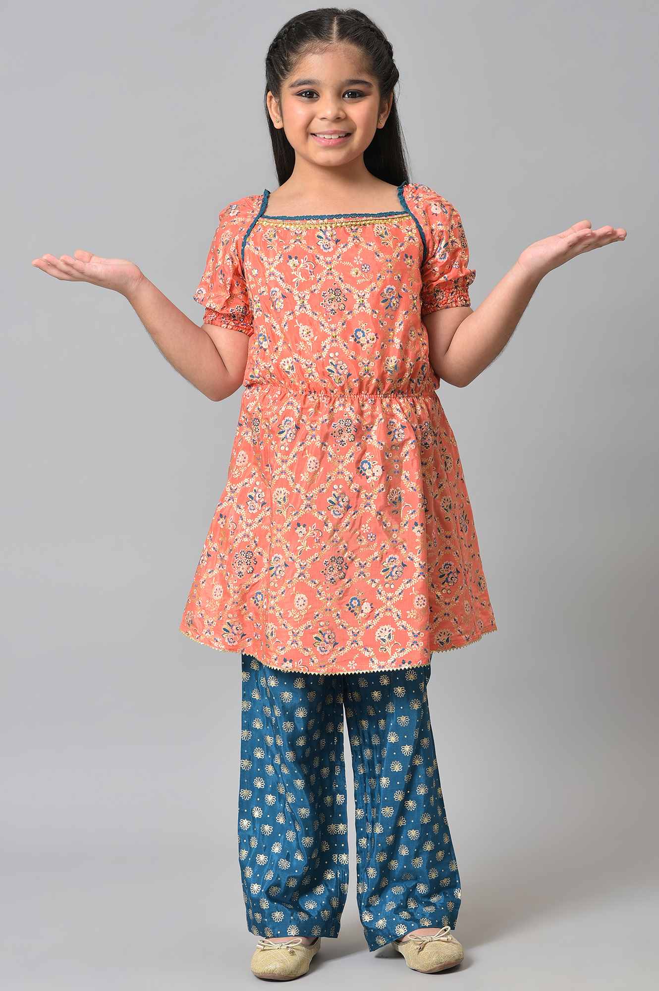 Girls LIVA Peach Floral Foil Print with Blue Straight Palazzo Set - Image 8