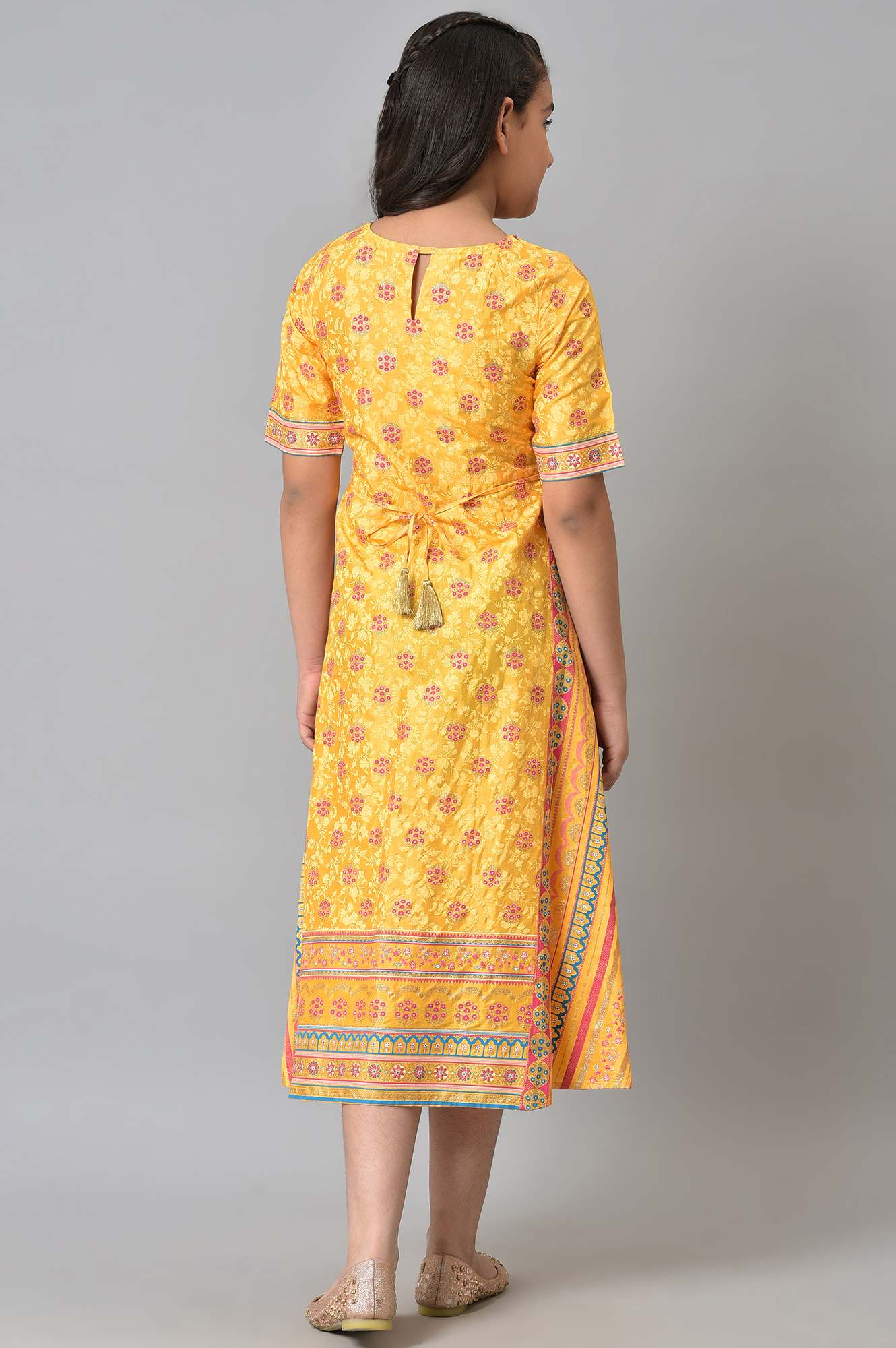 Girls LIVA Yellow Floral Printed Festive Dress - Image 2