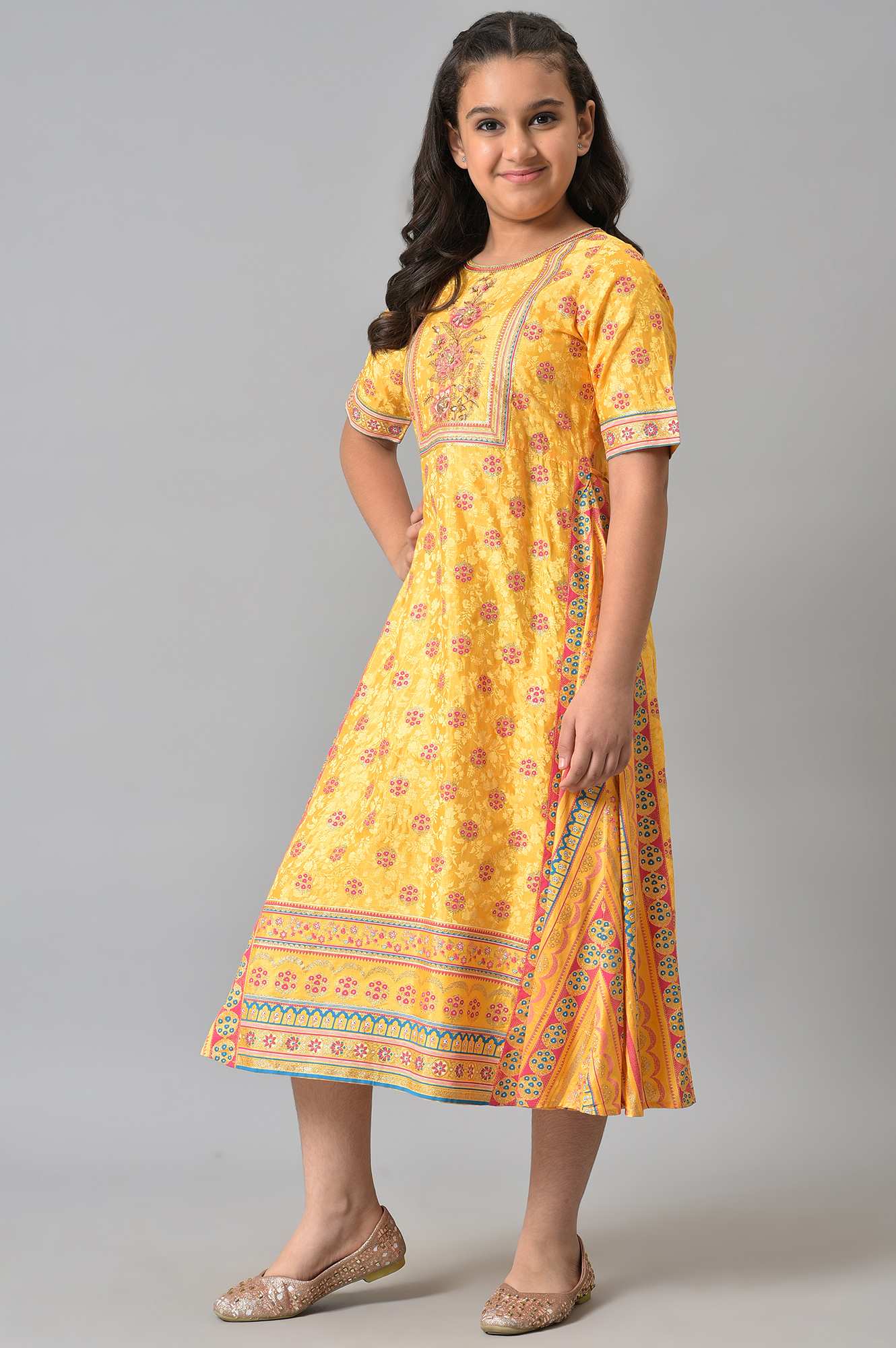 Girls LIVA Yellow Floral Printed Festive Dress - Image 3