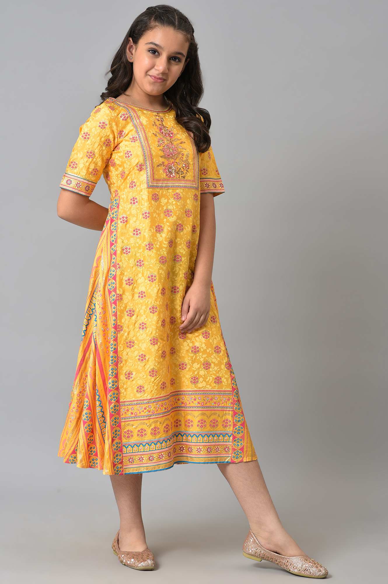Girls LIVA Yellow Floral Printed Festive Dress - Image 4