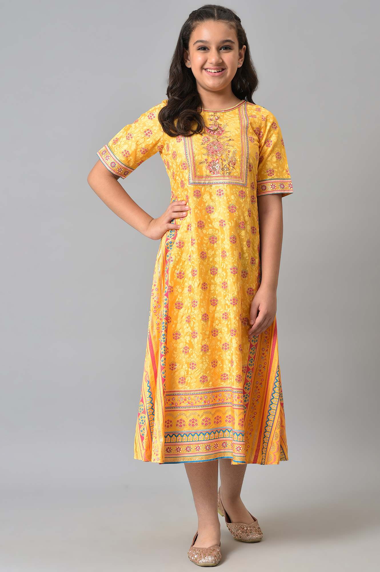 Girls LIVA Yellow Floral Printed Festive Dress - Image 5