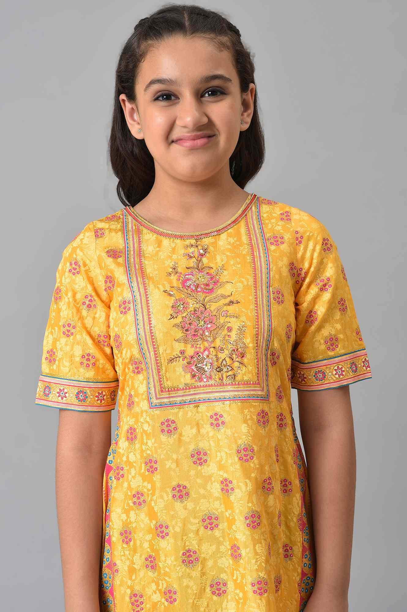 Girls LIVA Yellow Floral Printed Festive Dress - Image 6