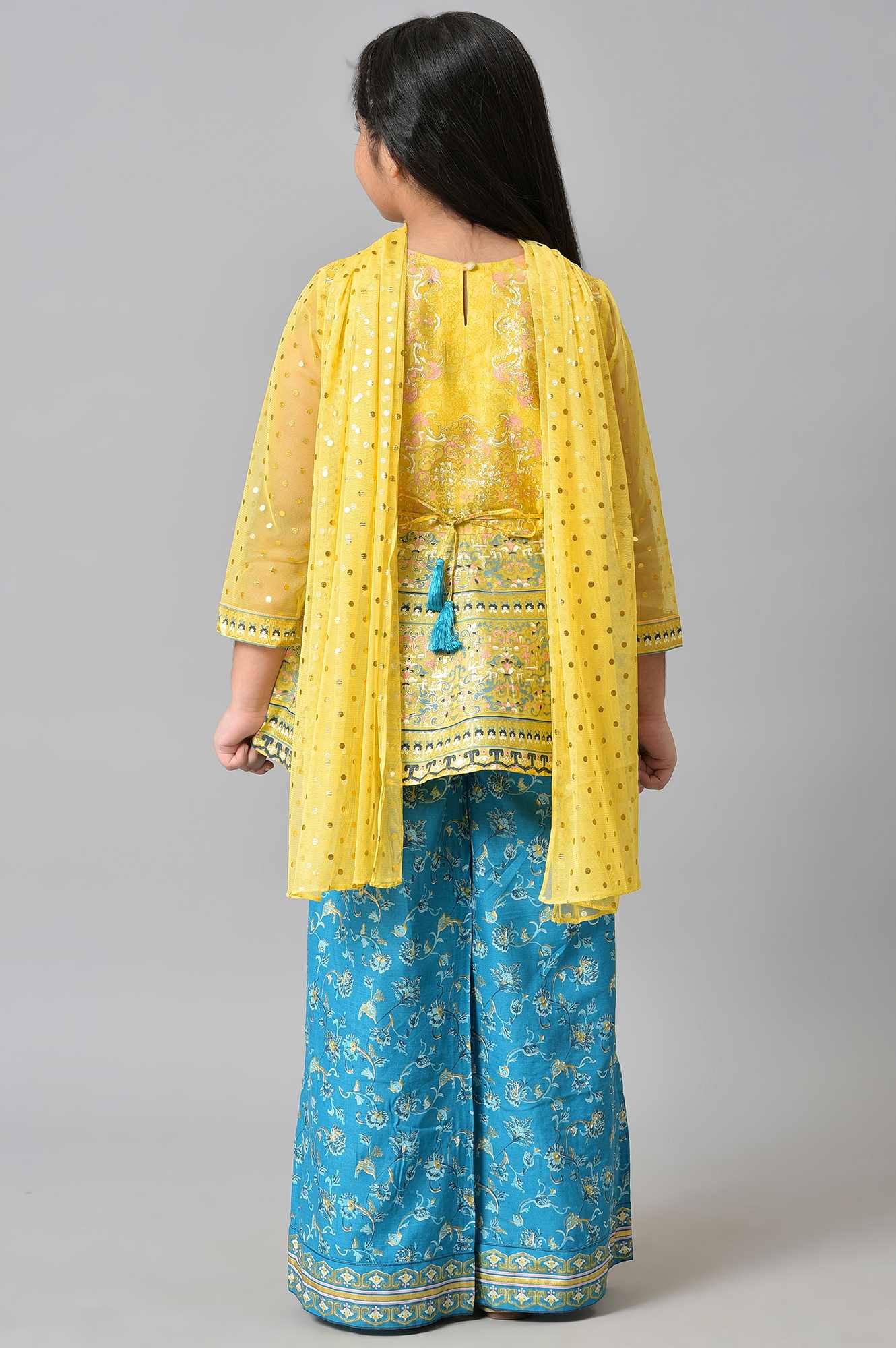Girls Liva Yellow Floral Printed Flared Top With Blue Palazzo And Yellow Dupatta - Image 2