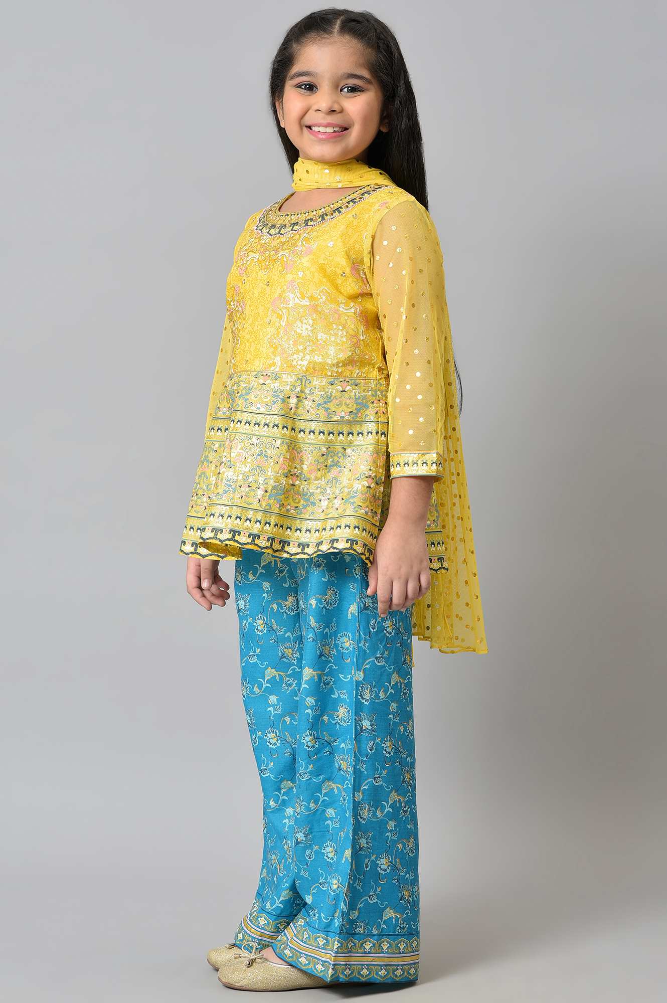 Girls Liva Yellow Floral Printed Flared Top With Blue Palazzo And Yellow Dupatta - Image 3