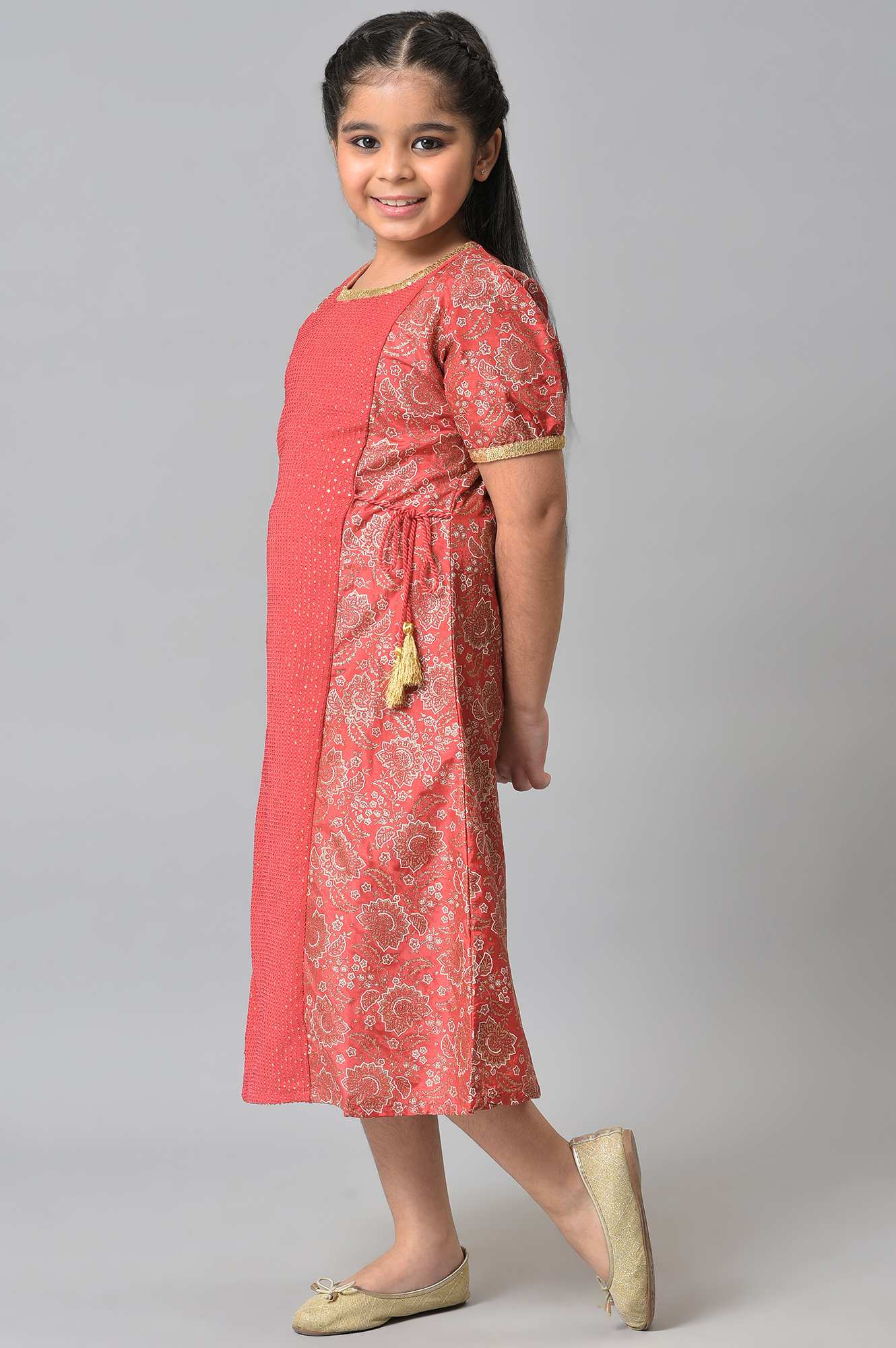 Girls Maroon Sequined Flared Dress - Image 3