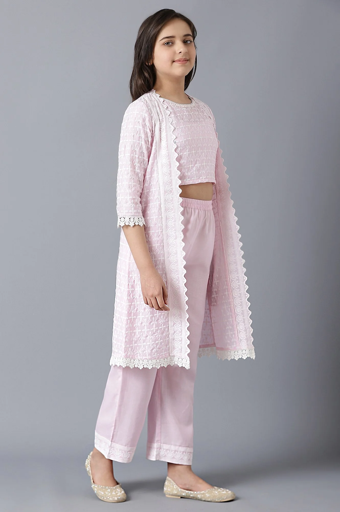 Girls Mauve Schiffli Gillet With Top And Pants - Image 4