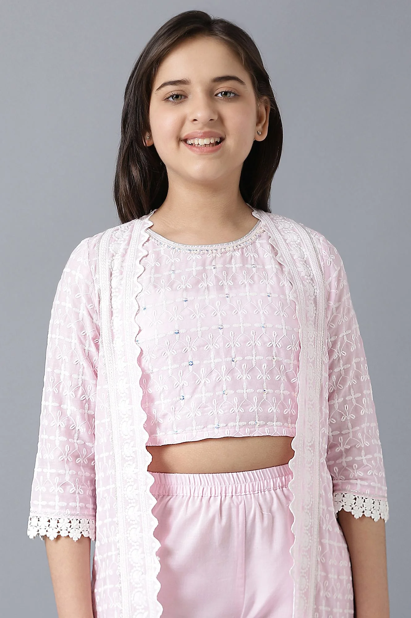 Girls Mauve Schiffli Gillet With Top And Pants - Image 5