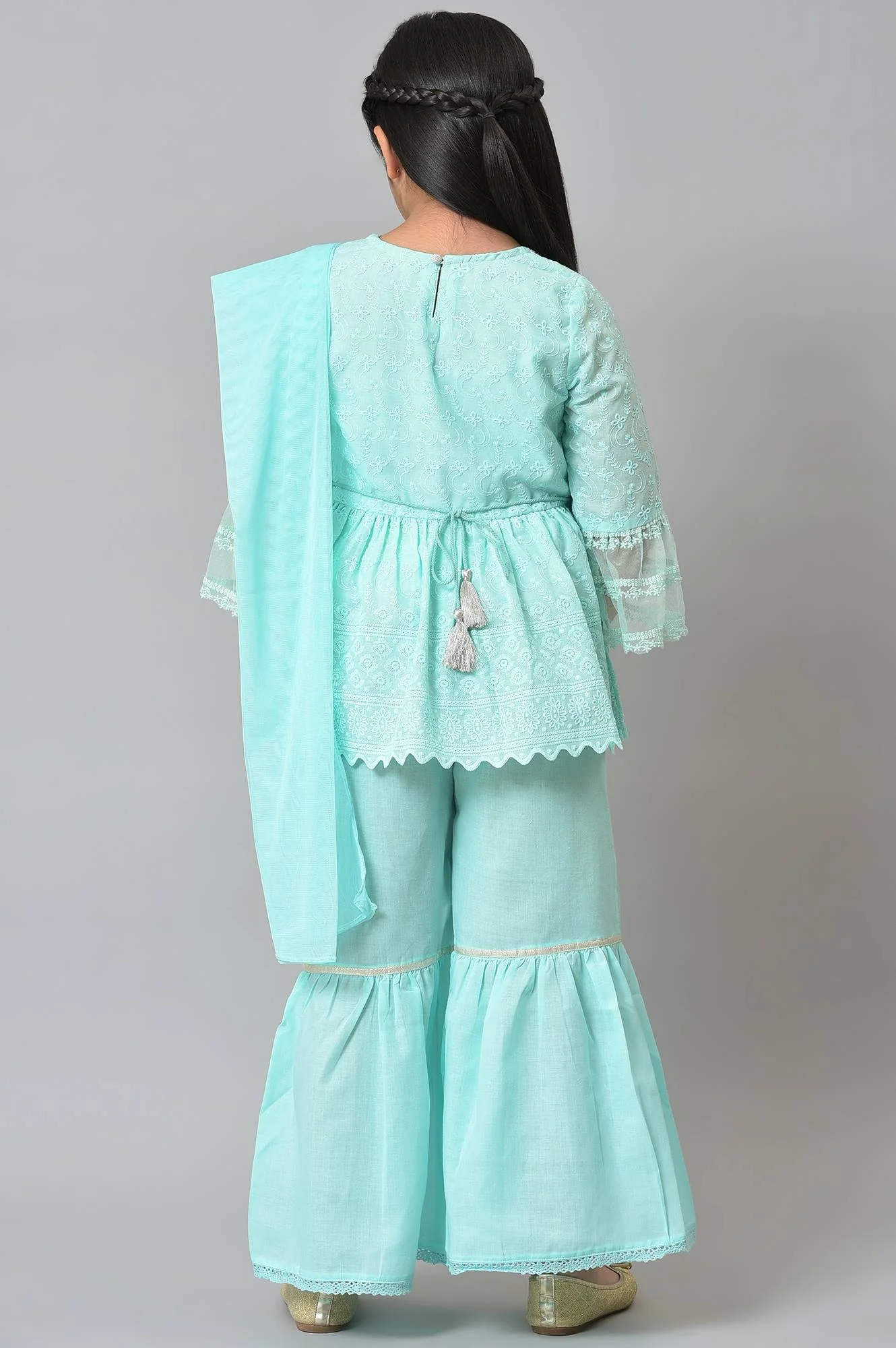 Girls Mint Green Schiffli kurta With Flared Sharara And Dupatta - Image 2
