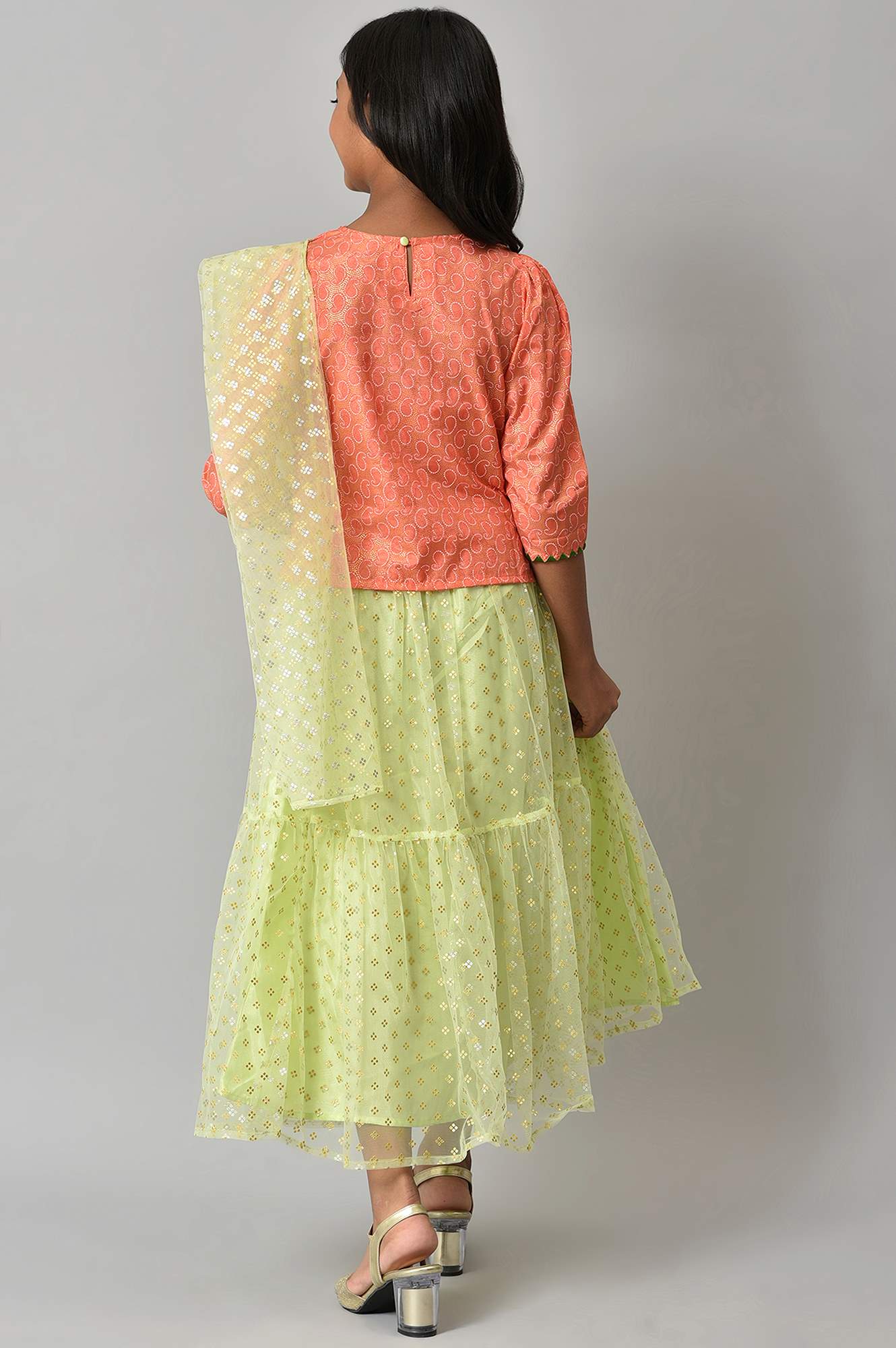 Girls Orange Foil Printed Top With Green Flared Skirt And Dupatta - Image 2