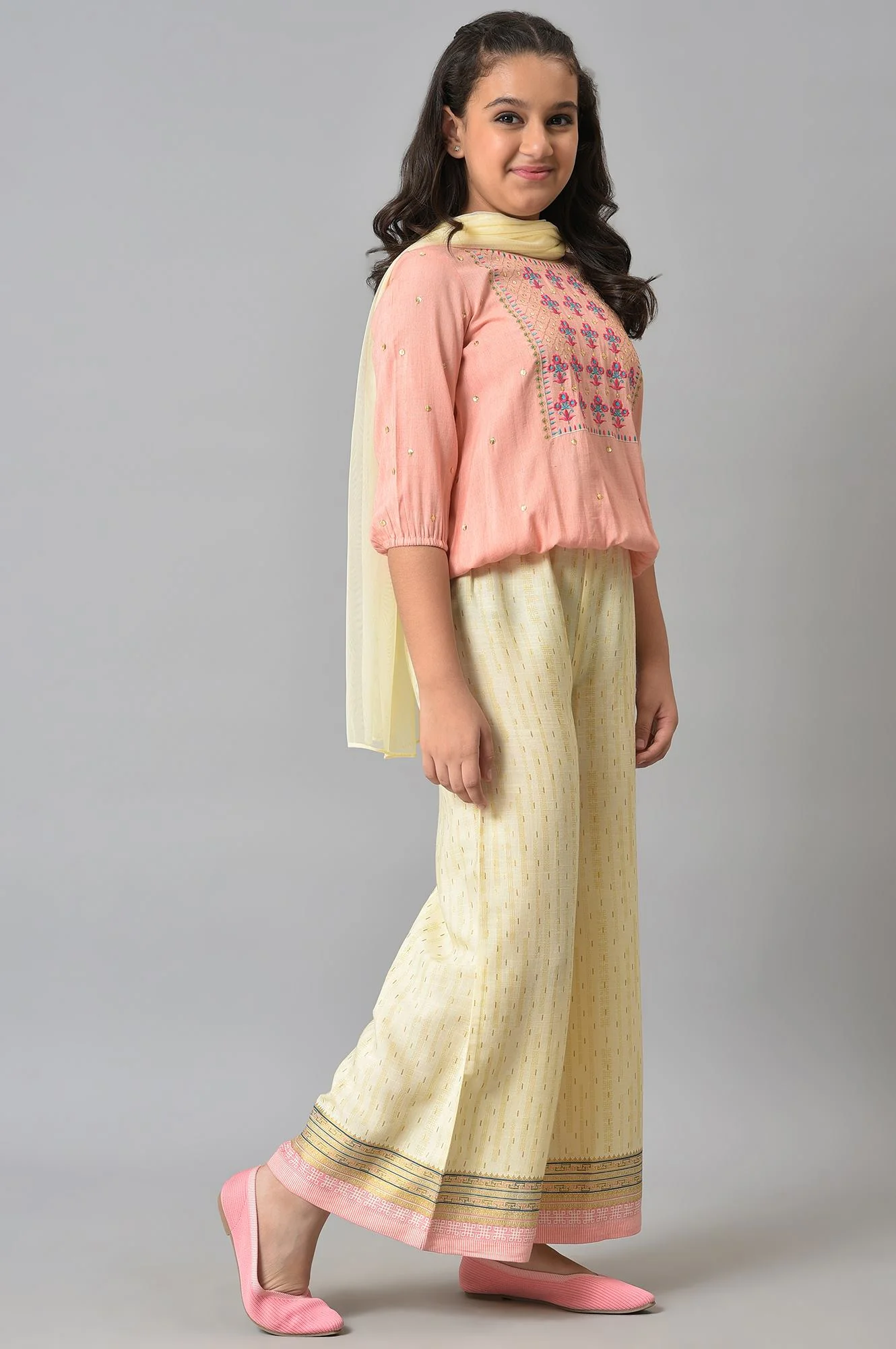 Girls Peach Blouson Top With Flared Palazzo And Dupatta - Image 4