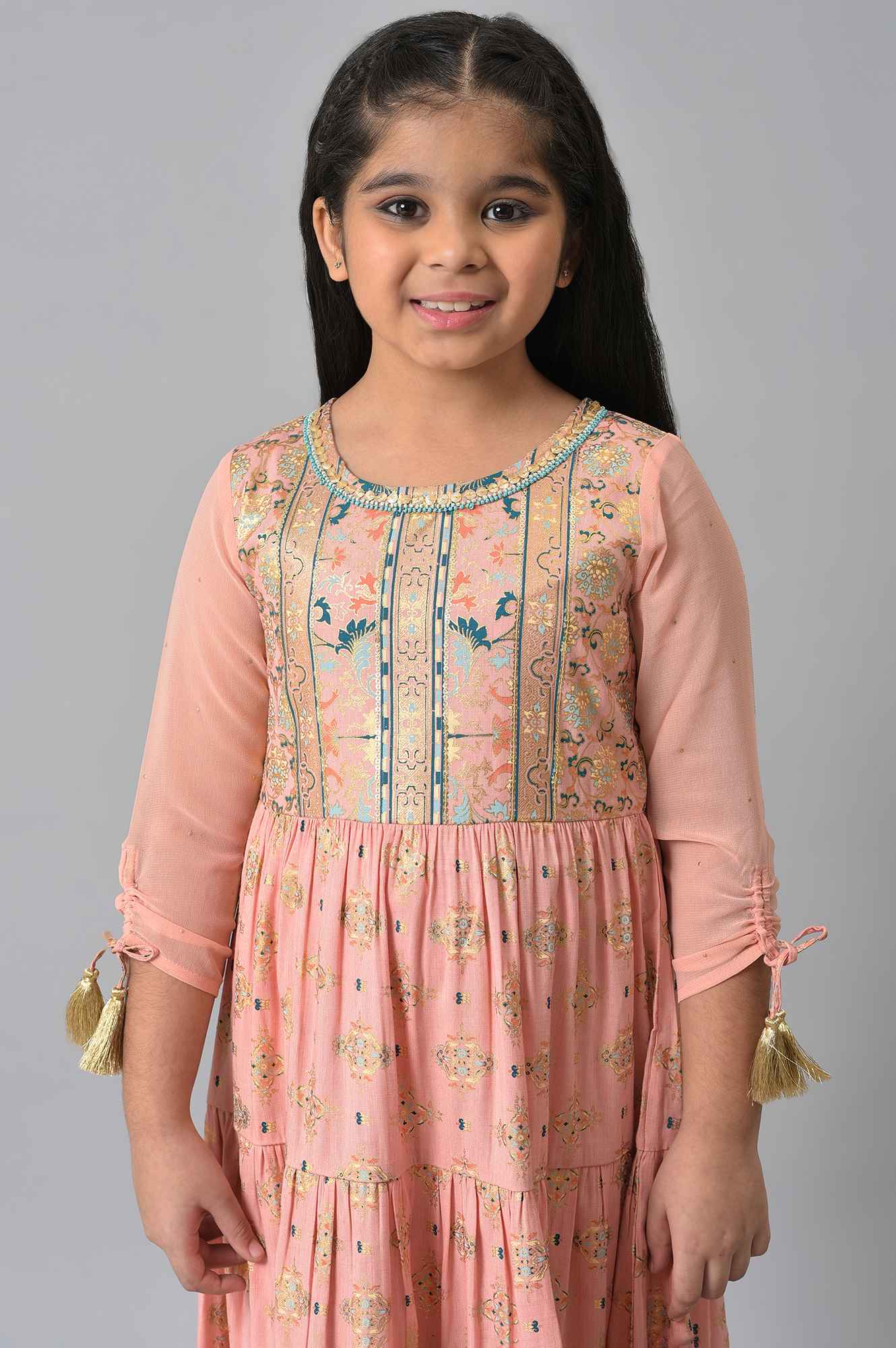 Girls Peach Floral Printed Tiered Dress - Image 6