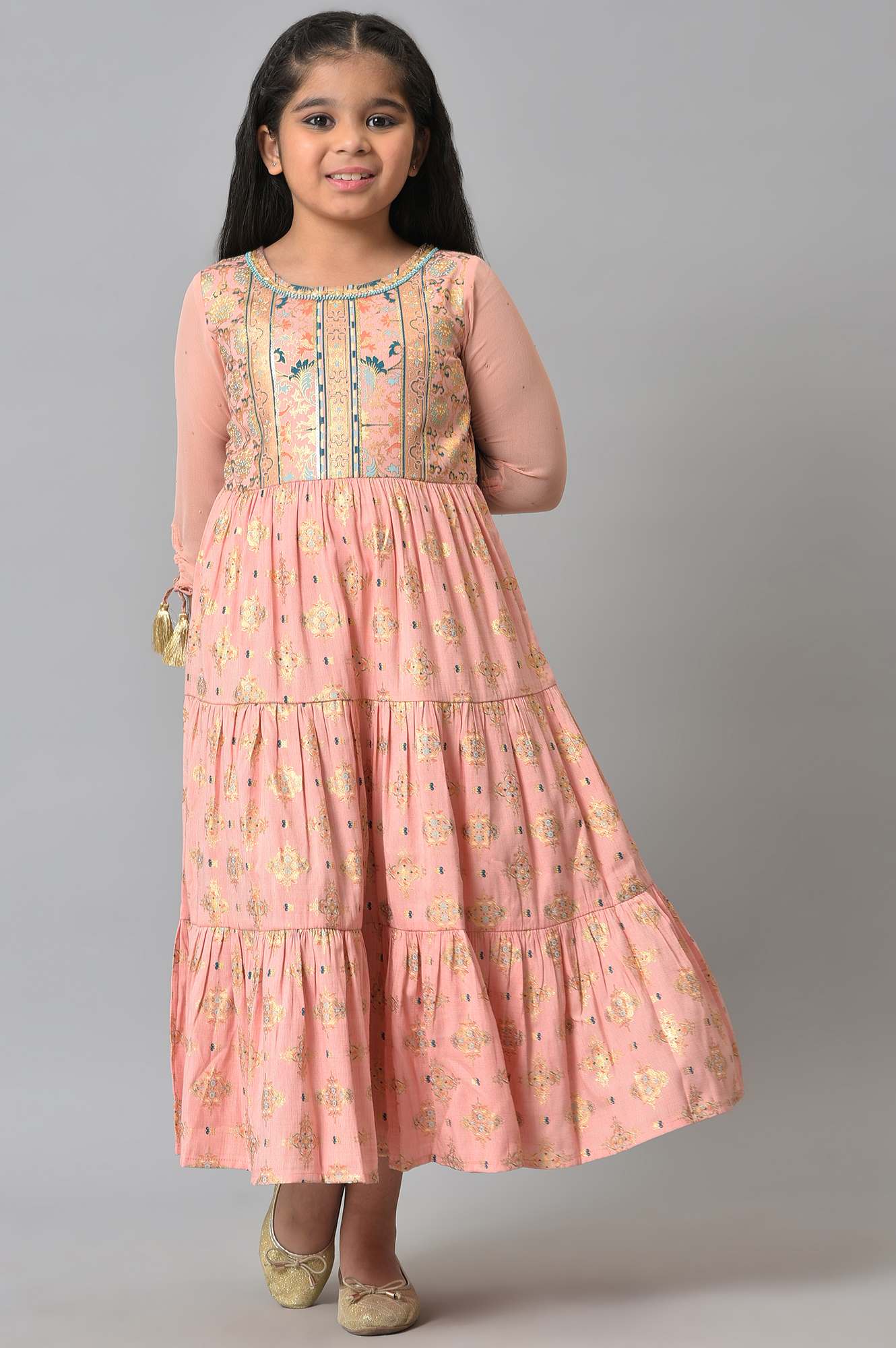 Girls Peach Floral Printed Tiered Dress - Image 5