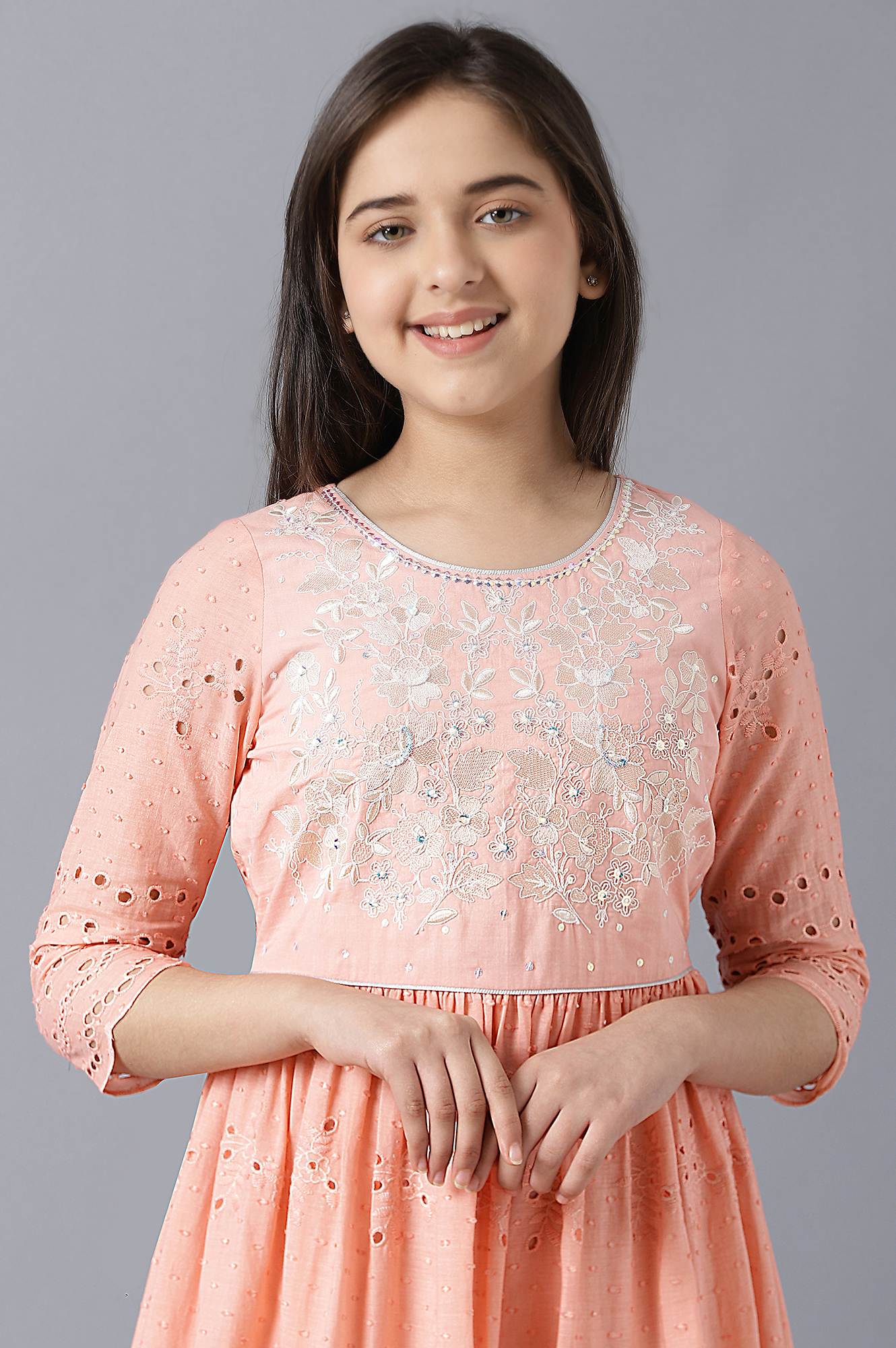 Girls Peach Schiffli Cotton Gathered Dress - Image 5