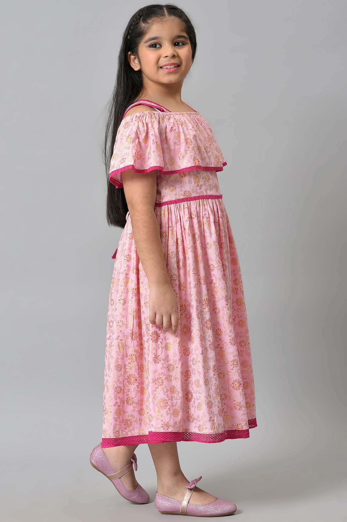 Girls Pink Floral Off Shoulder A-Line Dress - Image 4