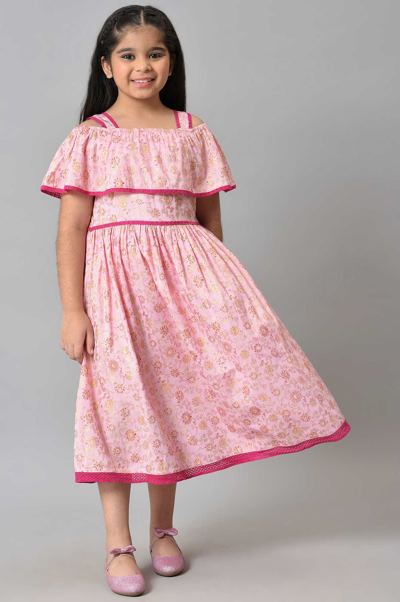 Girls Pink Floral Off Shoulder A-Line Dress - Image 5