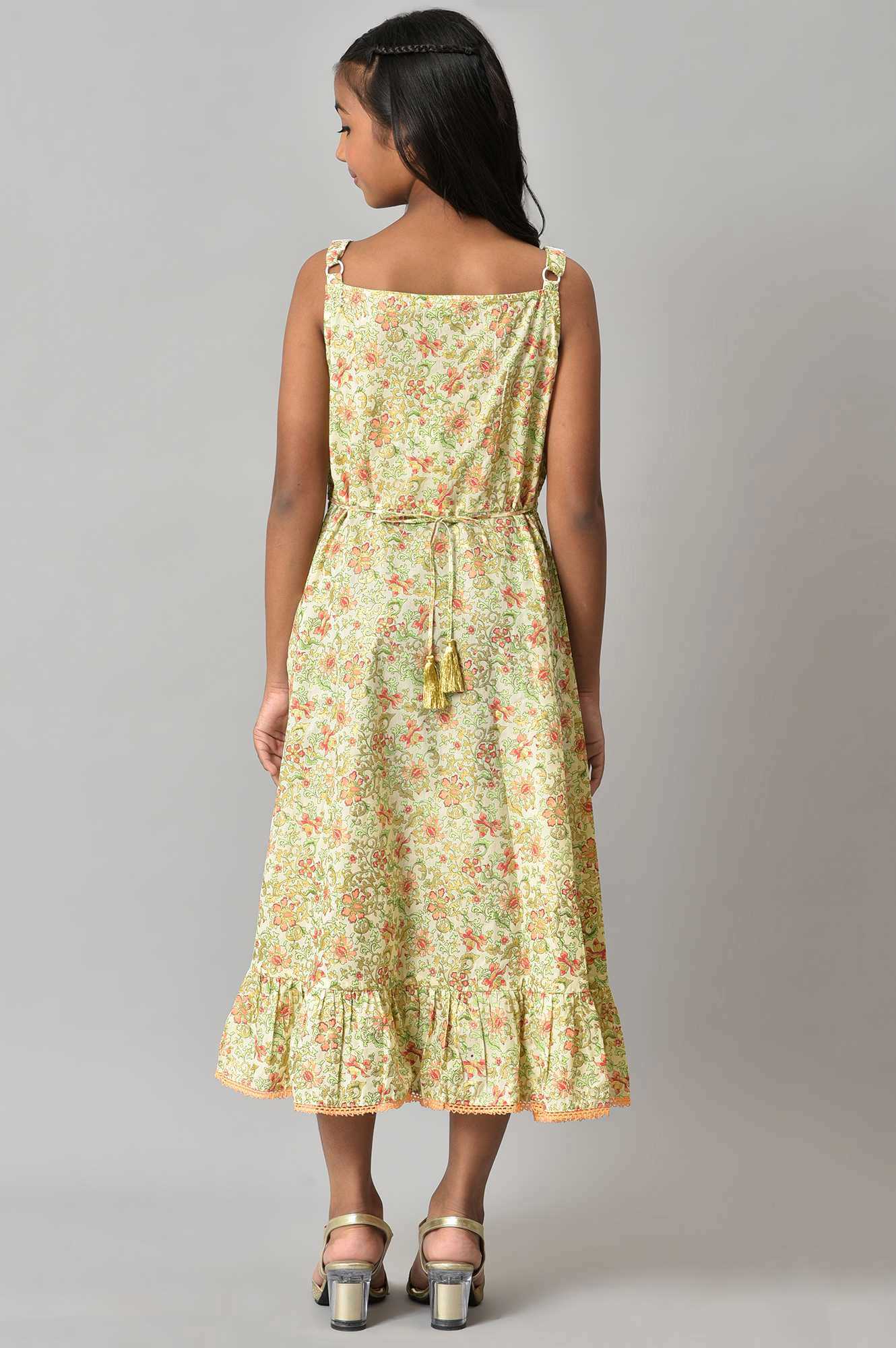 Girls Pink Net Gillet With Beige Floral Printed Dress - Image 7