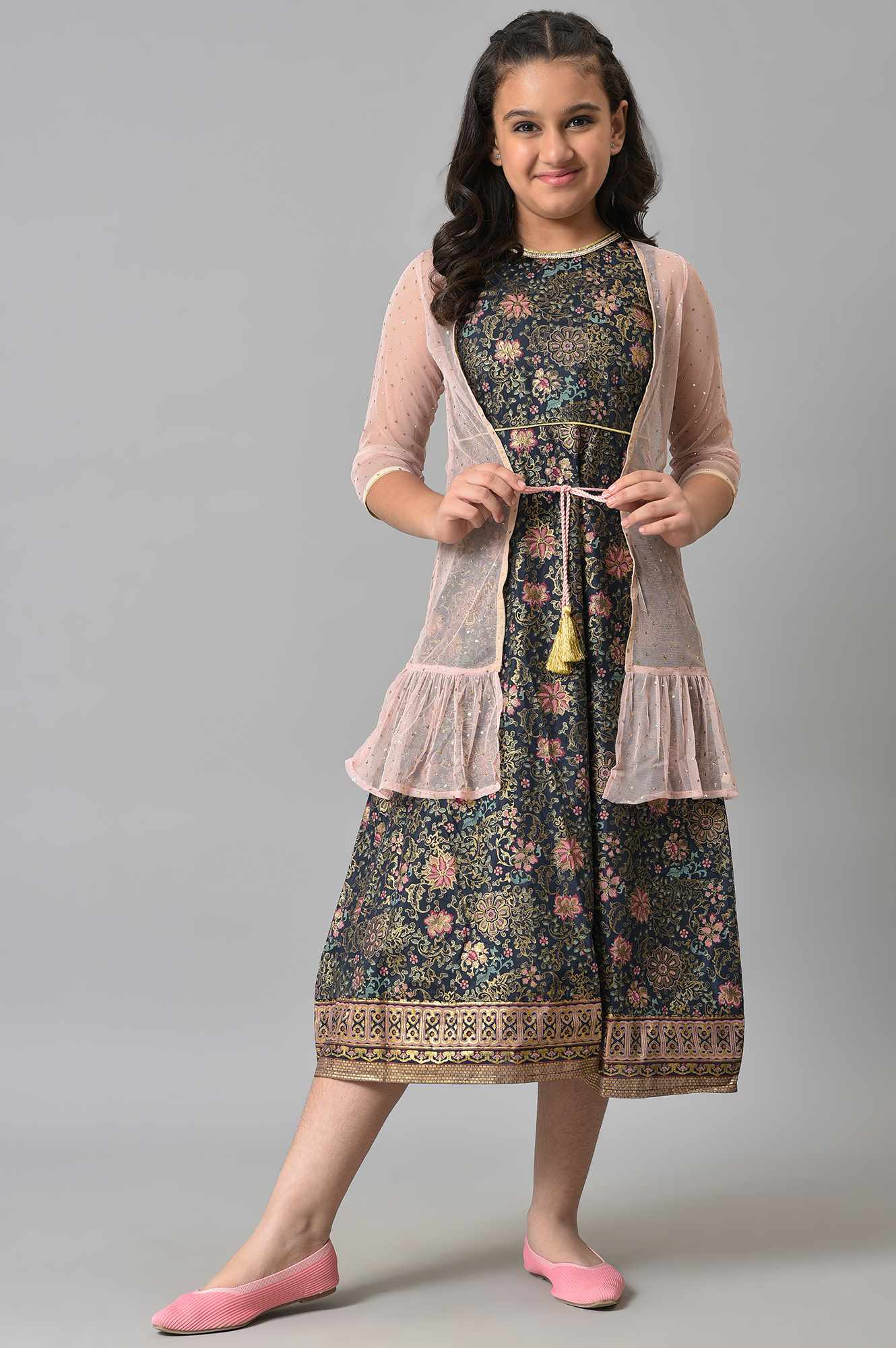 Girls Pink Poly Net Gillet With Black Floral Printed Dress - Image 8