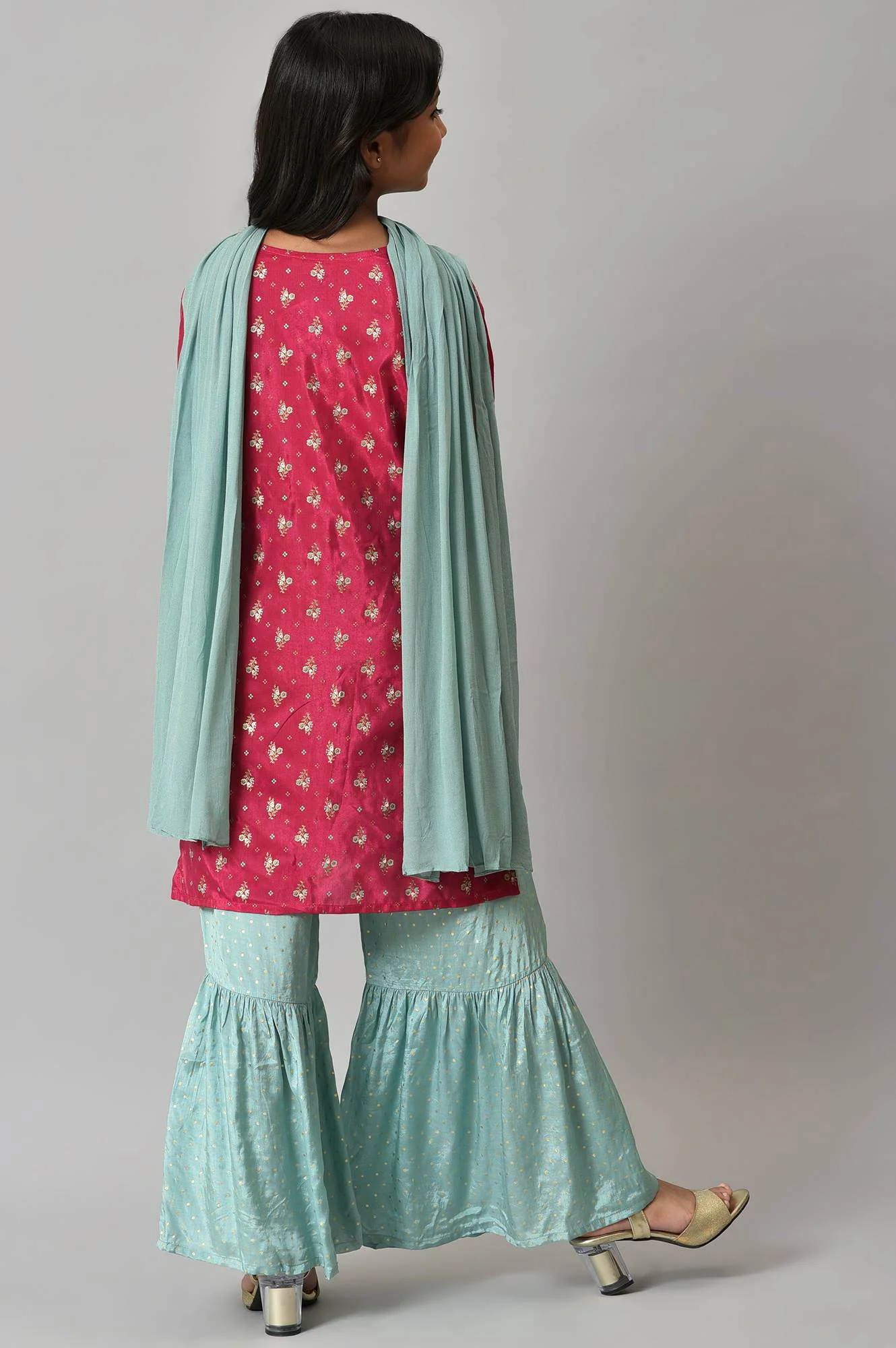 Girls Pink Printed Festive kurta With Blue Sharara And Dupatta - Image 2