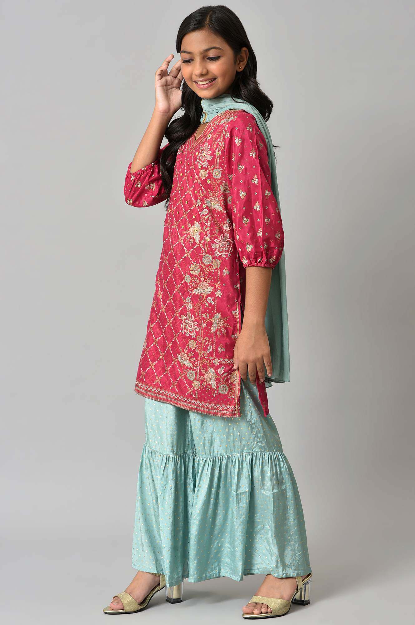 Girls Pink Printed Festive kurta With Blue Sharara And Dupatta - Image 3