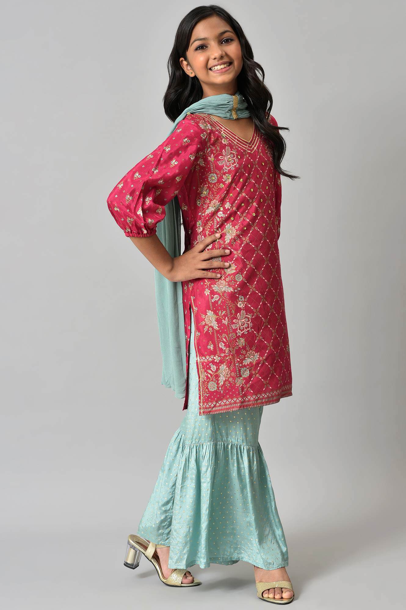 Girls Pink Printed Festive kurta With Blue Sharara And Dupatta - Image 4