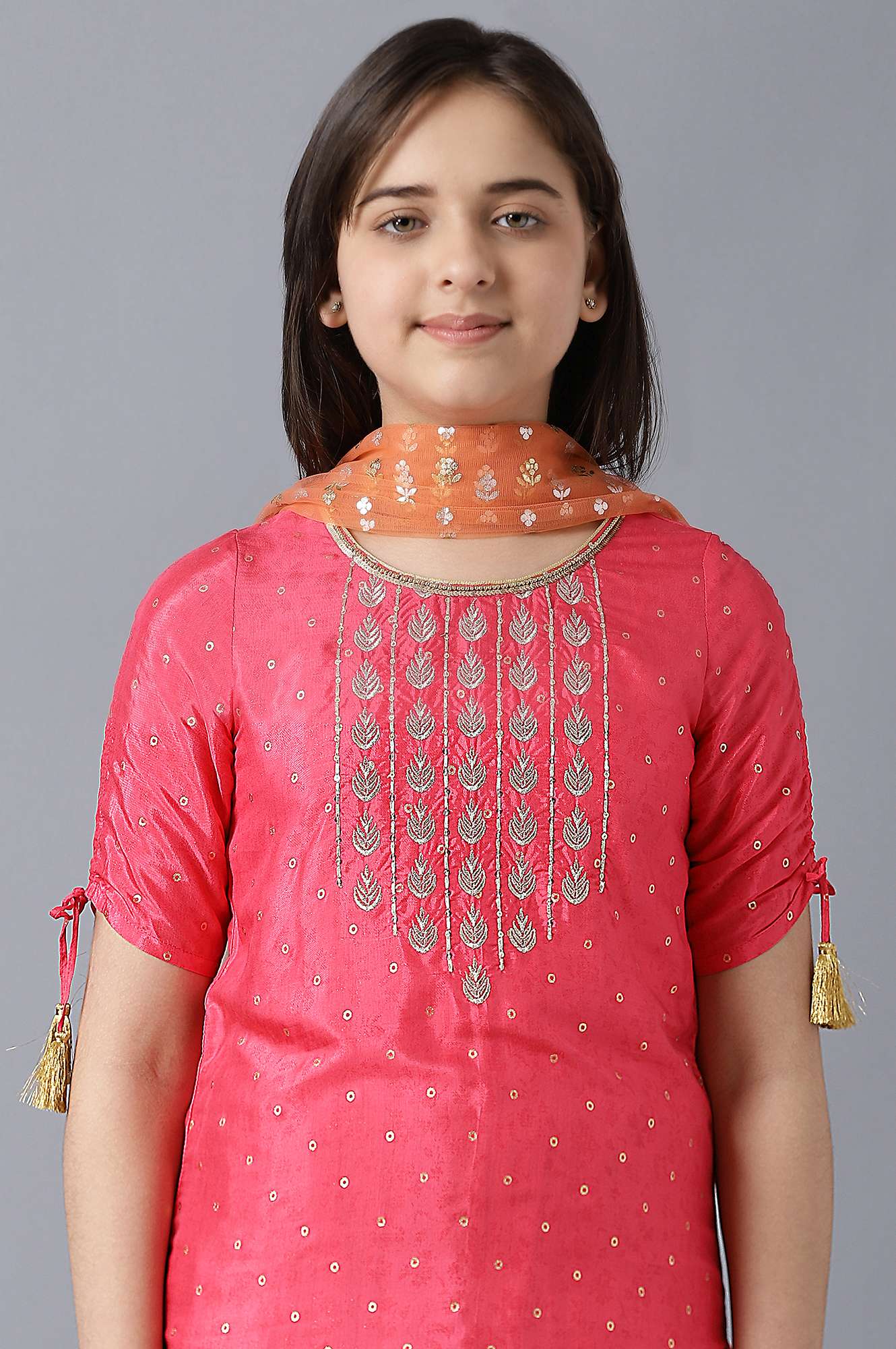 Girls Pink Printed Sequined kurta With Peach Palazzo And Dupatta - Image 5