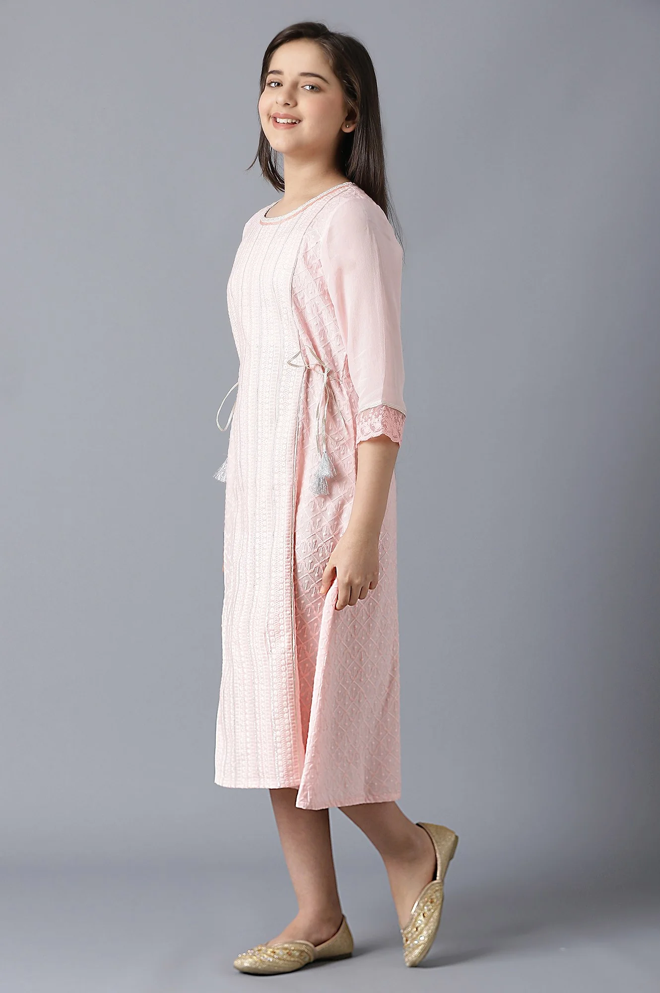 Girls Pink Sequined Schiffli Dress - Image 3