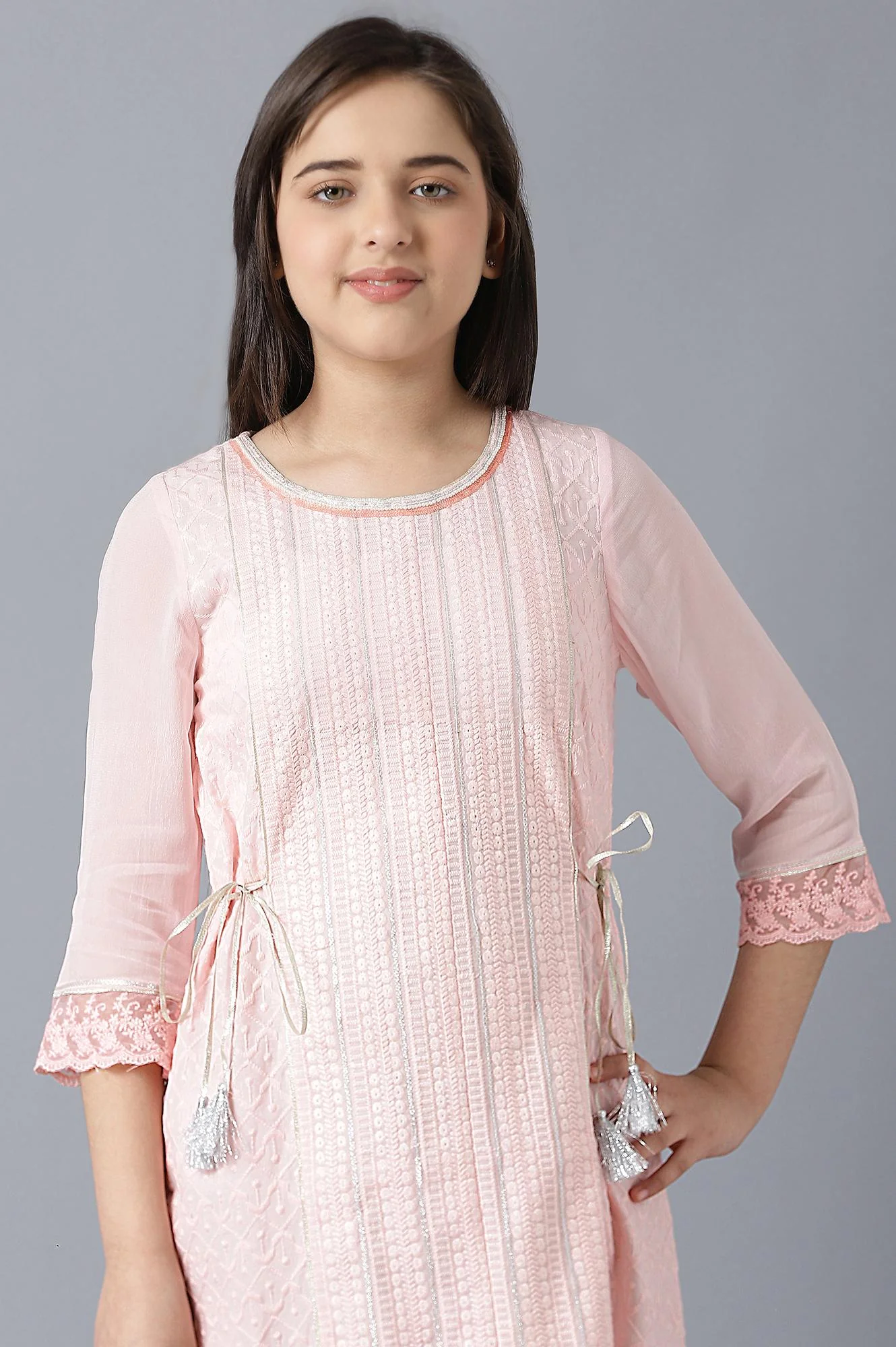 Girls Pink Sequined Schiffli Dress - Image 5