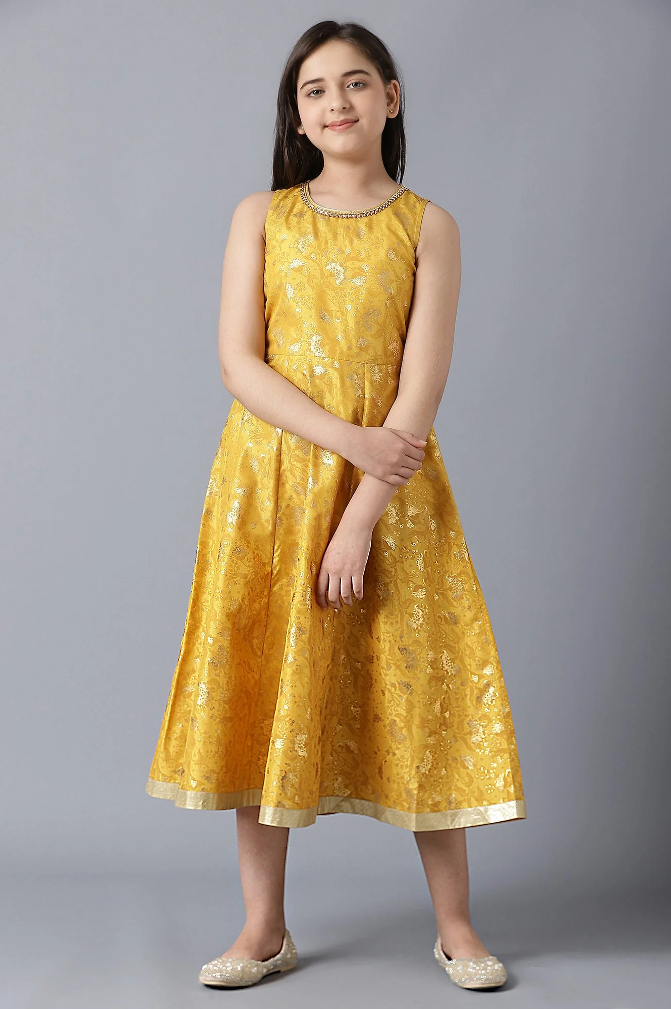 Girls Red Gotta Patti Gillet With Yellow Printed Dress - Image 6