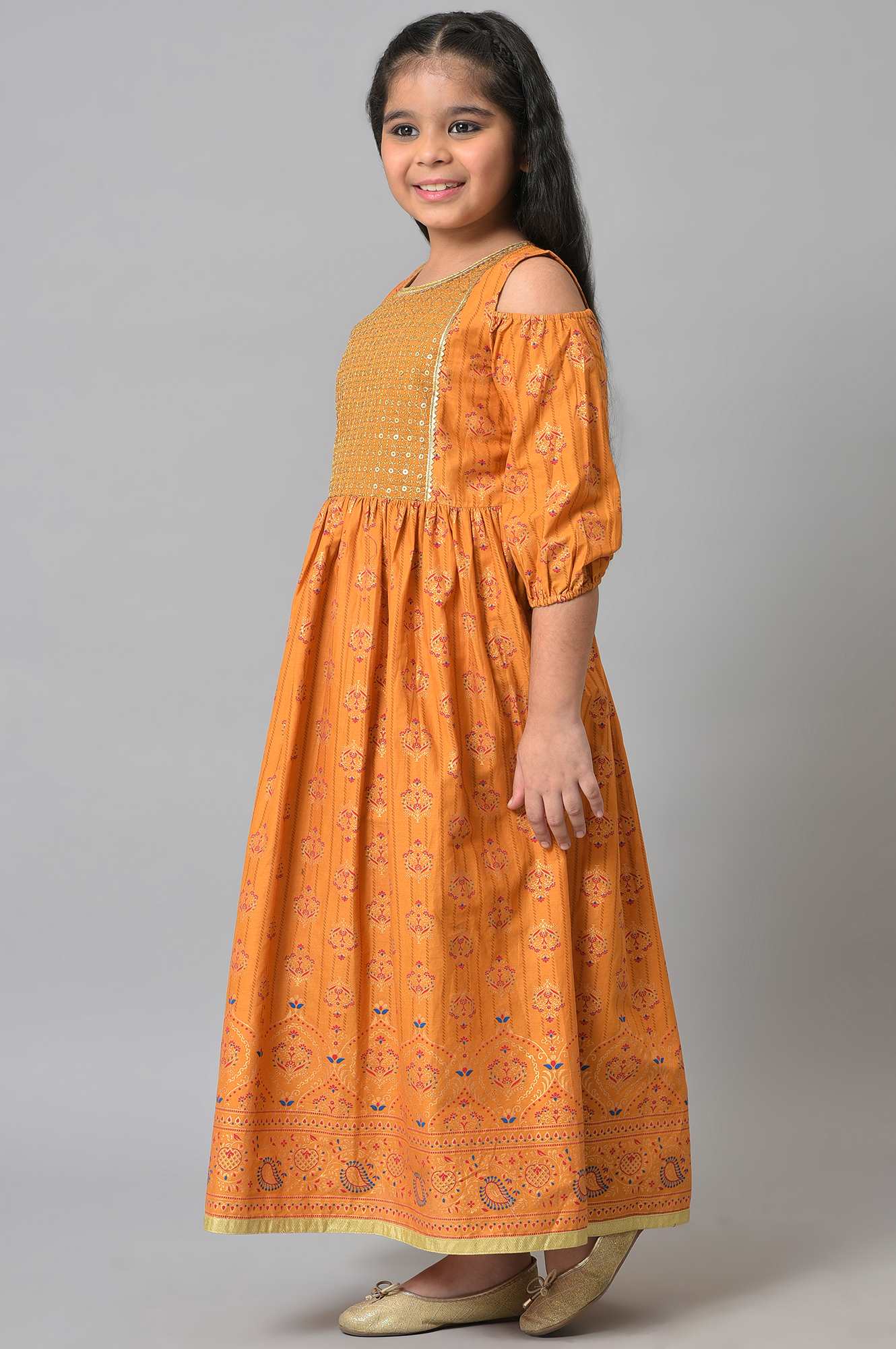 Girls Yellow Embroidered Festive Dress - Image 3