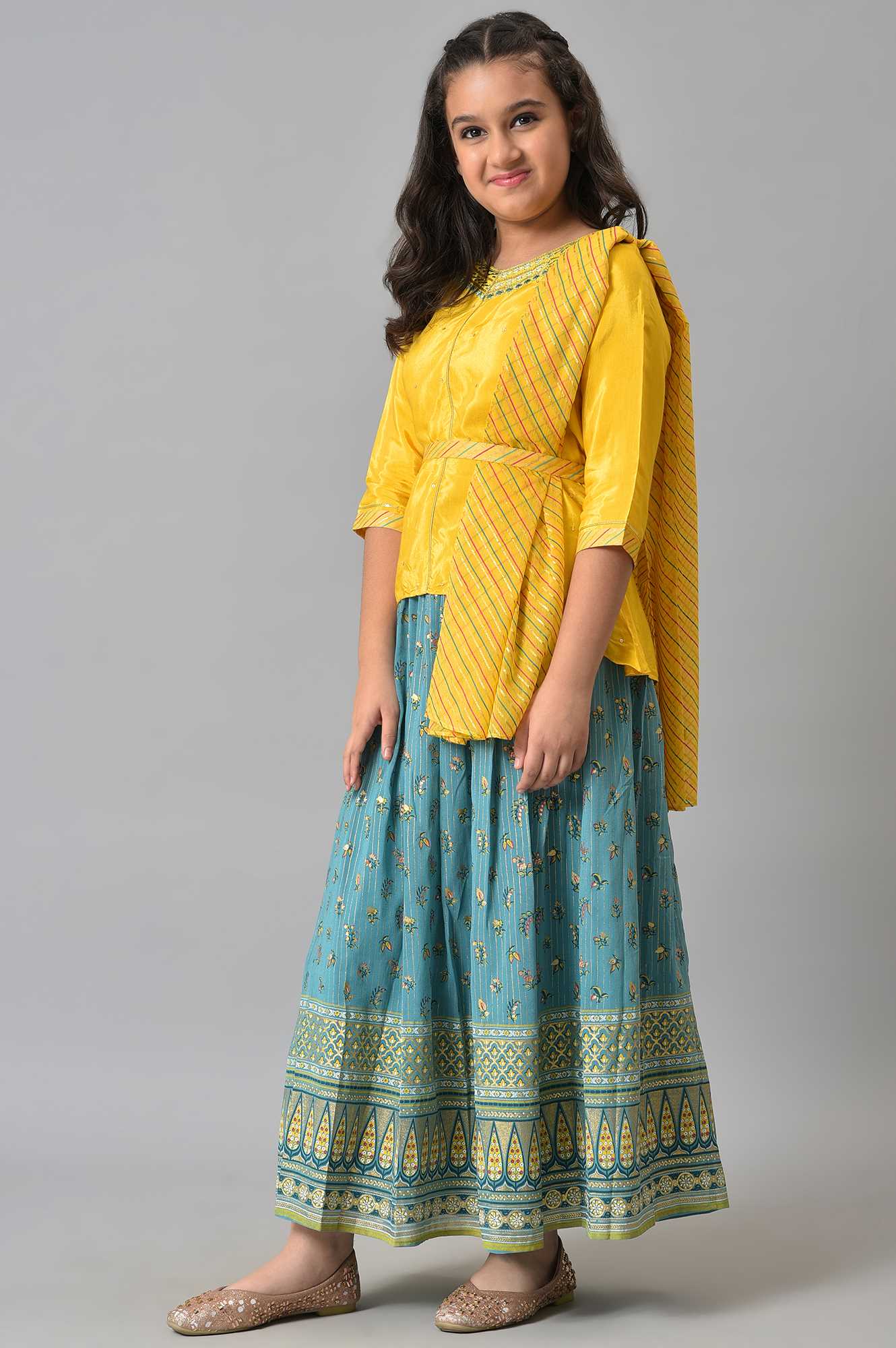 Girls Yellow Embroidered kurta With Printed Green Skirt And Dupatta - Image 3