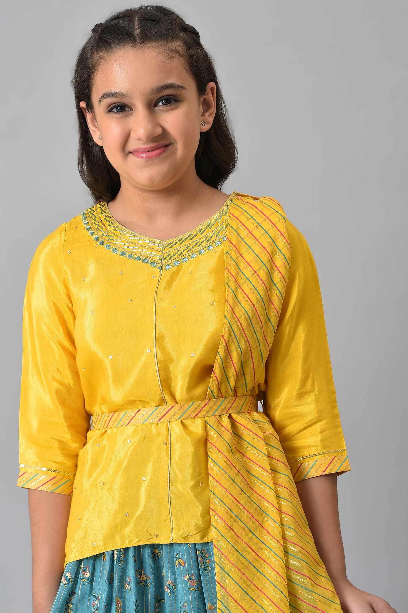 Girls Yellow Embroidered kurta With Printed Green Skirt And Dupatta - Image 5