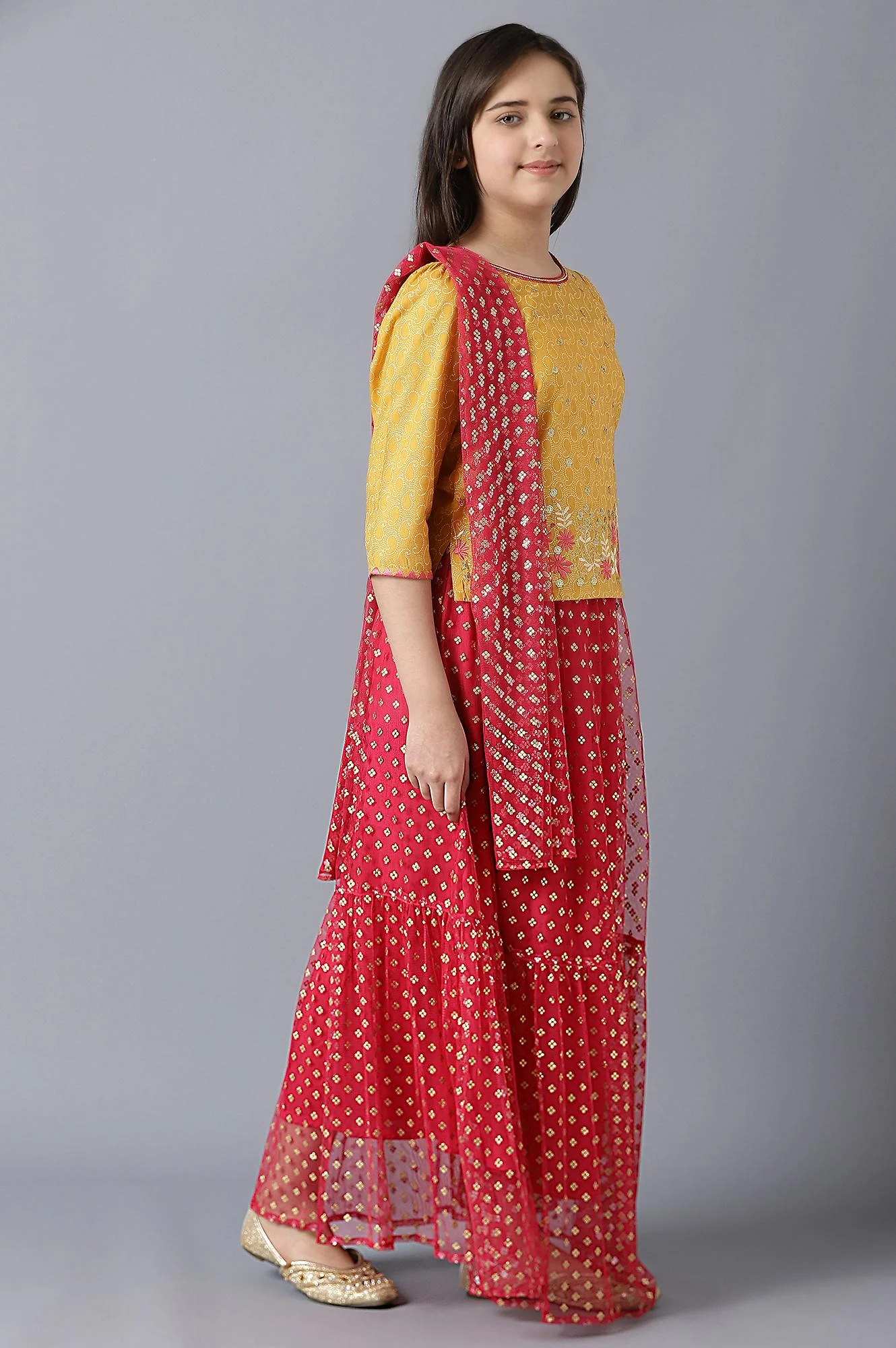 Girls Yellow Foil Printed Top With Red Flared Skirt And Dupatta - Image 4