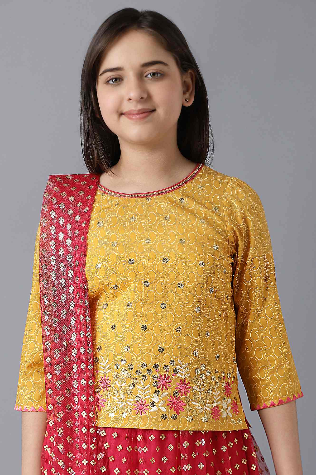 Girls Yellow Foil Printed Top With Red Flared Skirt And Dupatta - Image 5