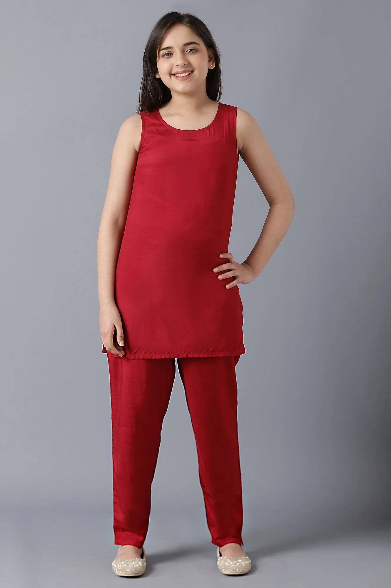 Girls Yellow Kaftan With Red Inner And Trousers - Image 7